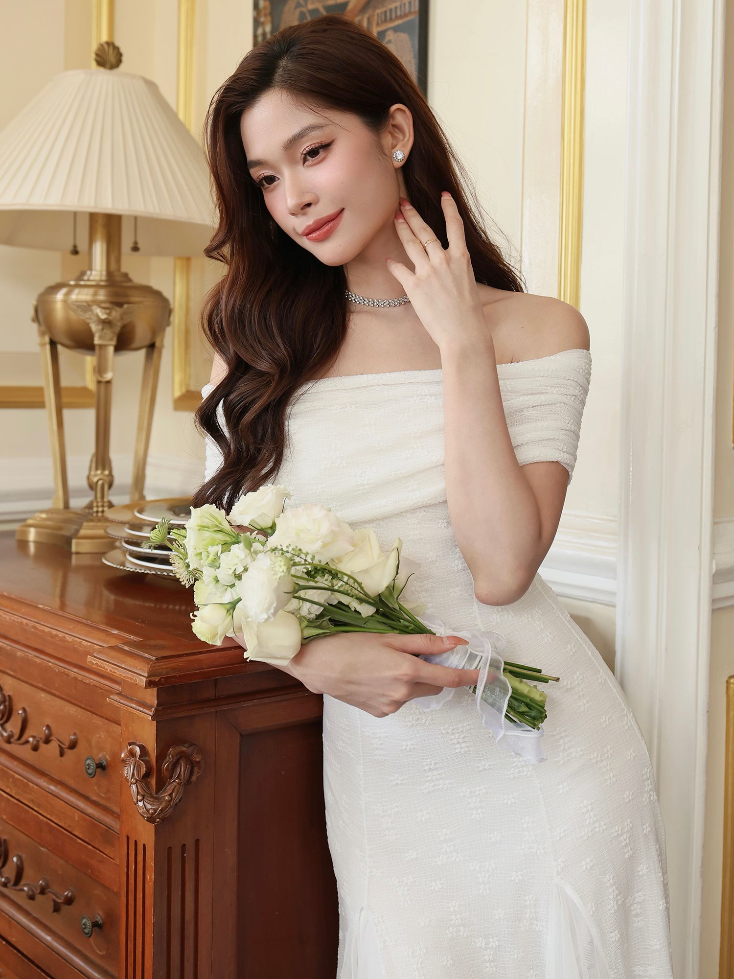 Đầm dự tiệc trễ vai form dài - D3446