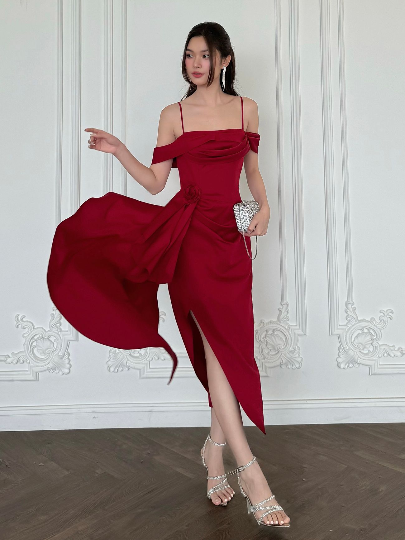 Đầm body nhún hông kết hoa vải - D3713