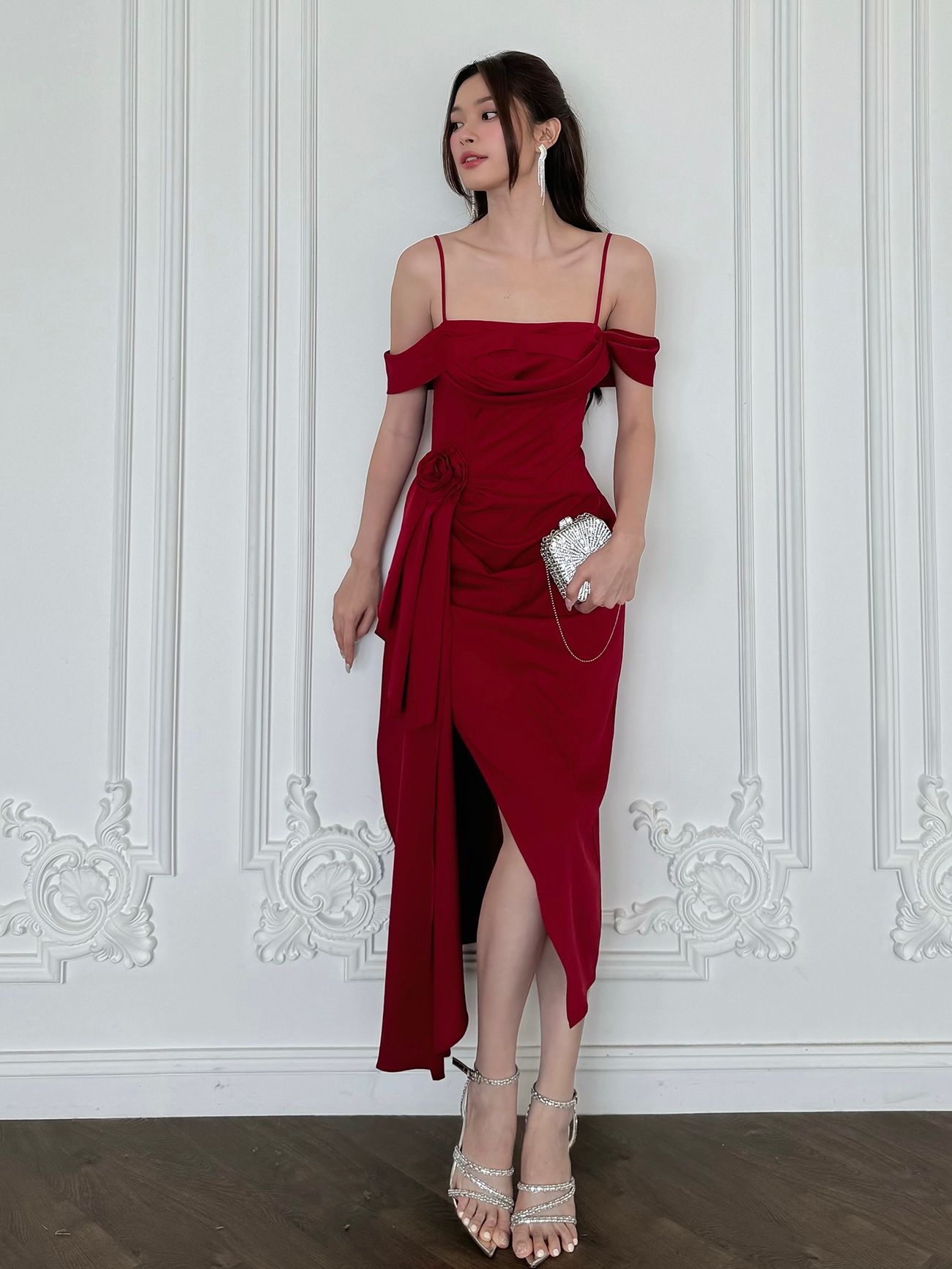 Đầm body nhún hông kết hoa vải - D3713