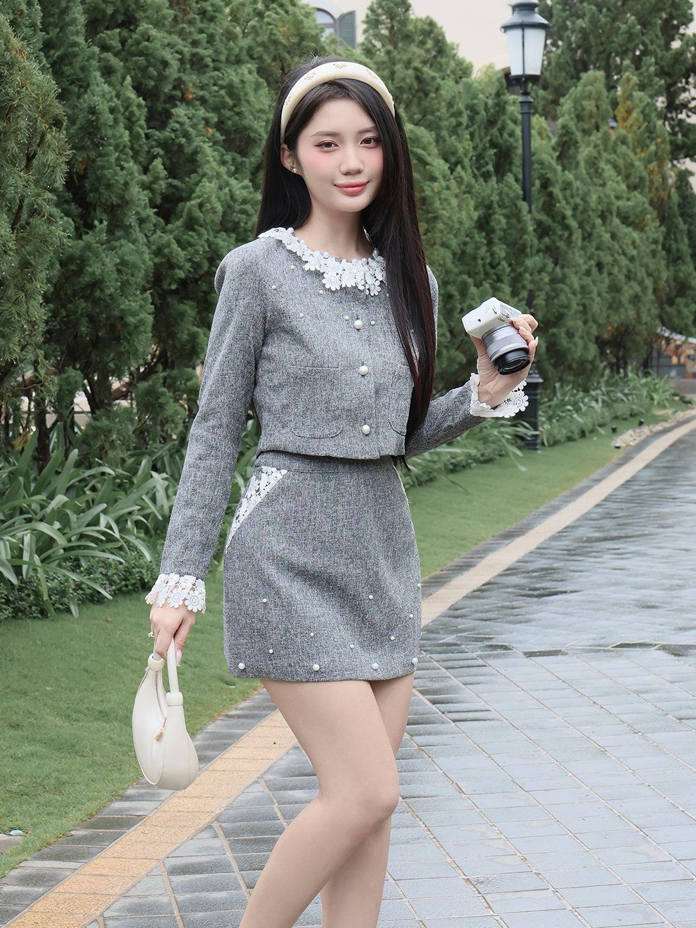 Set dự tiệc áo crop ngắn tay dài viền ren cổ chân váy A ngắn kết ngọc trai chất bố xước cao cấp-K4175T