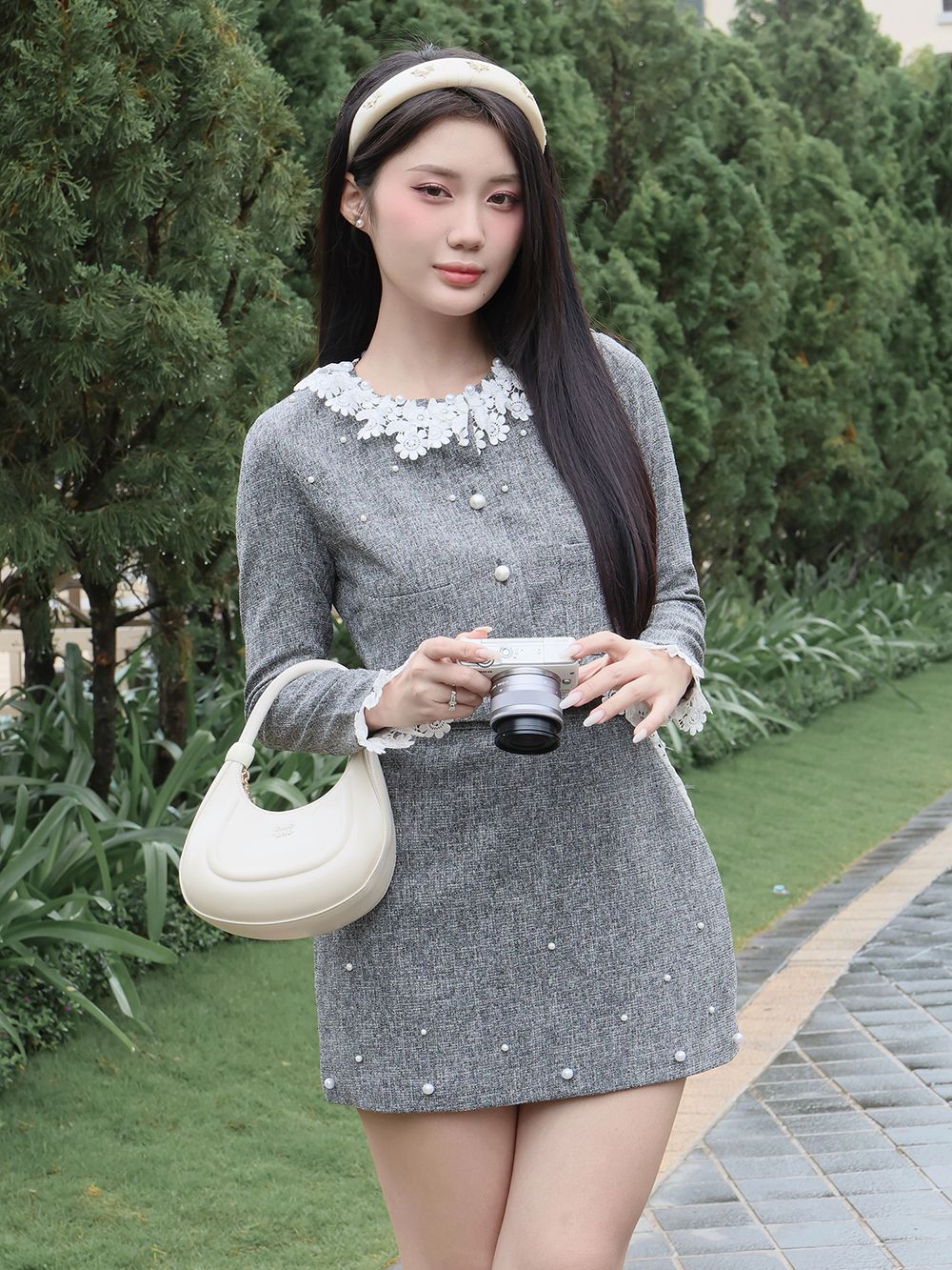 Set dự tiệc áo crop ngắn tay dài viền ren cổ chân váy A ngắn kết ngọc trai chất bố xước cao cấp-K4175T