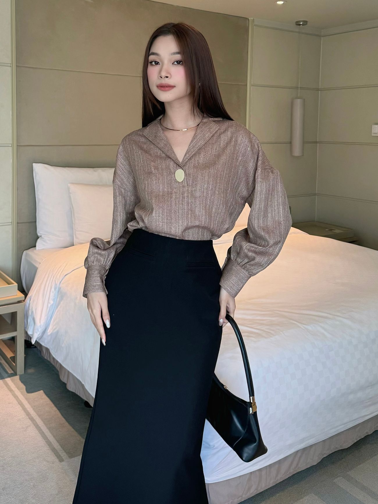 Áo sơ mi tay dài nhún phồng - A3642