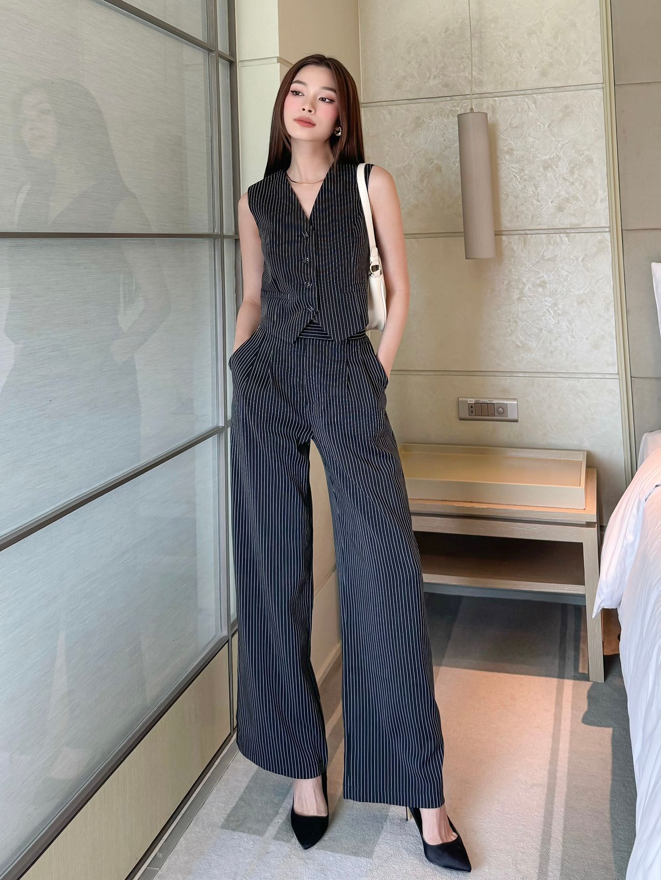 Áo gile sọc phối nút bọc - A3694