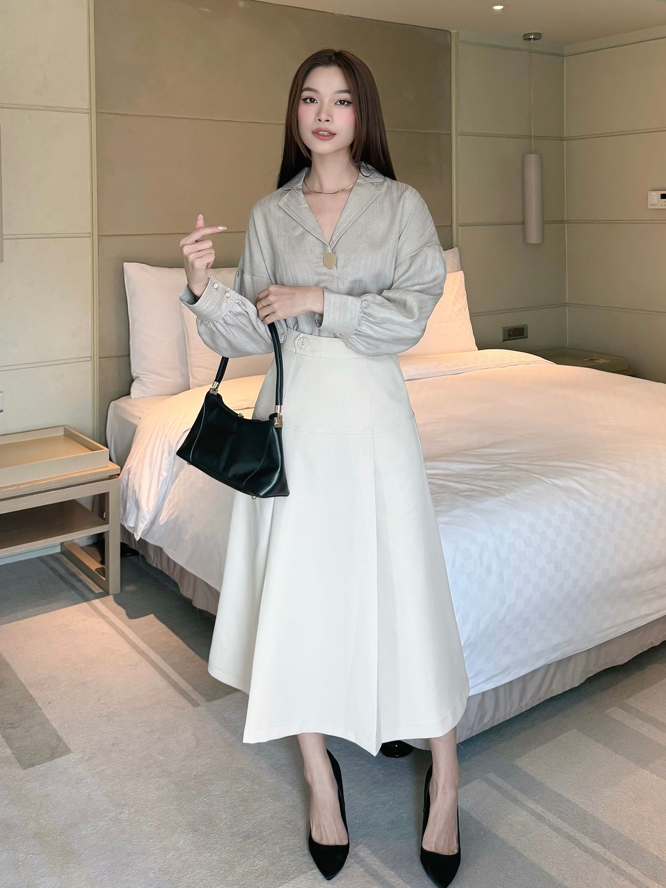 Chân váy dài công sở xòe viền - V3544
