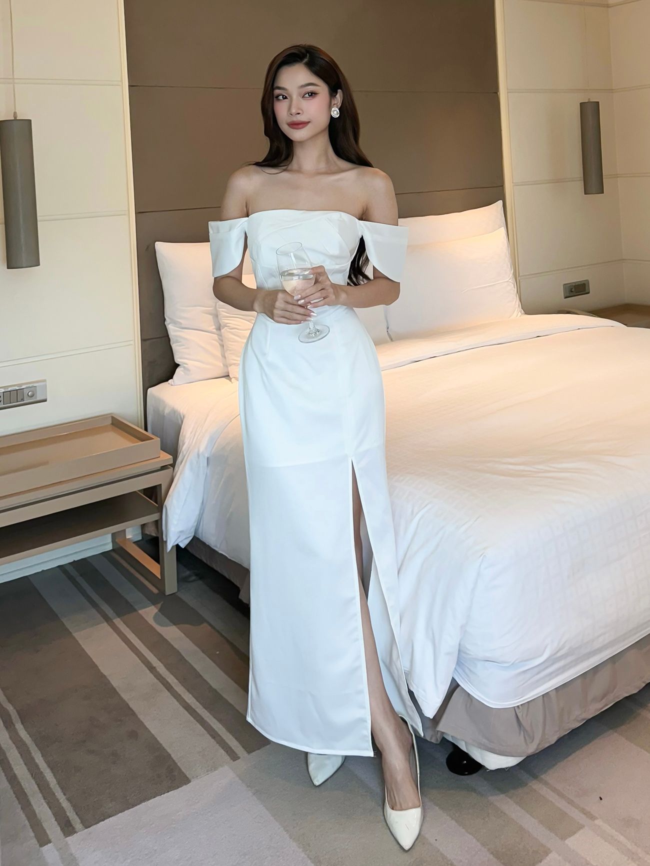 Đầm maxi form body suông xẻ tà phối lưới vai -D3426
