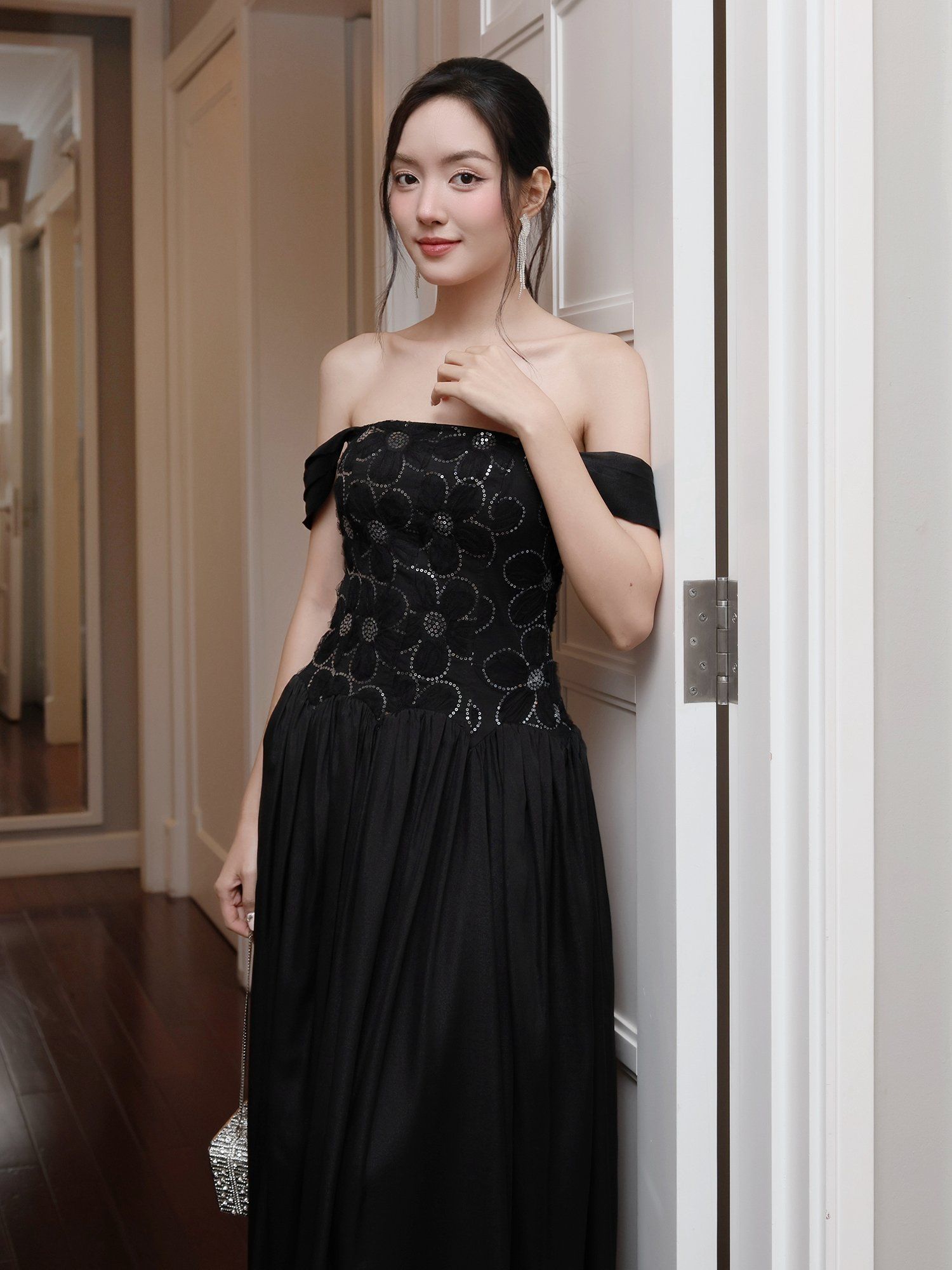 Đầm dự tiệc dài xòe phối sequin - D4257B