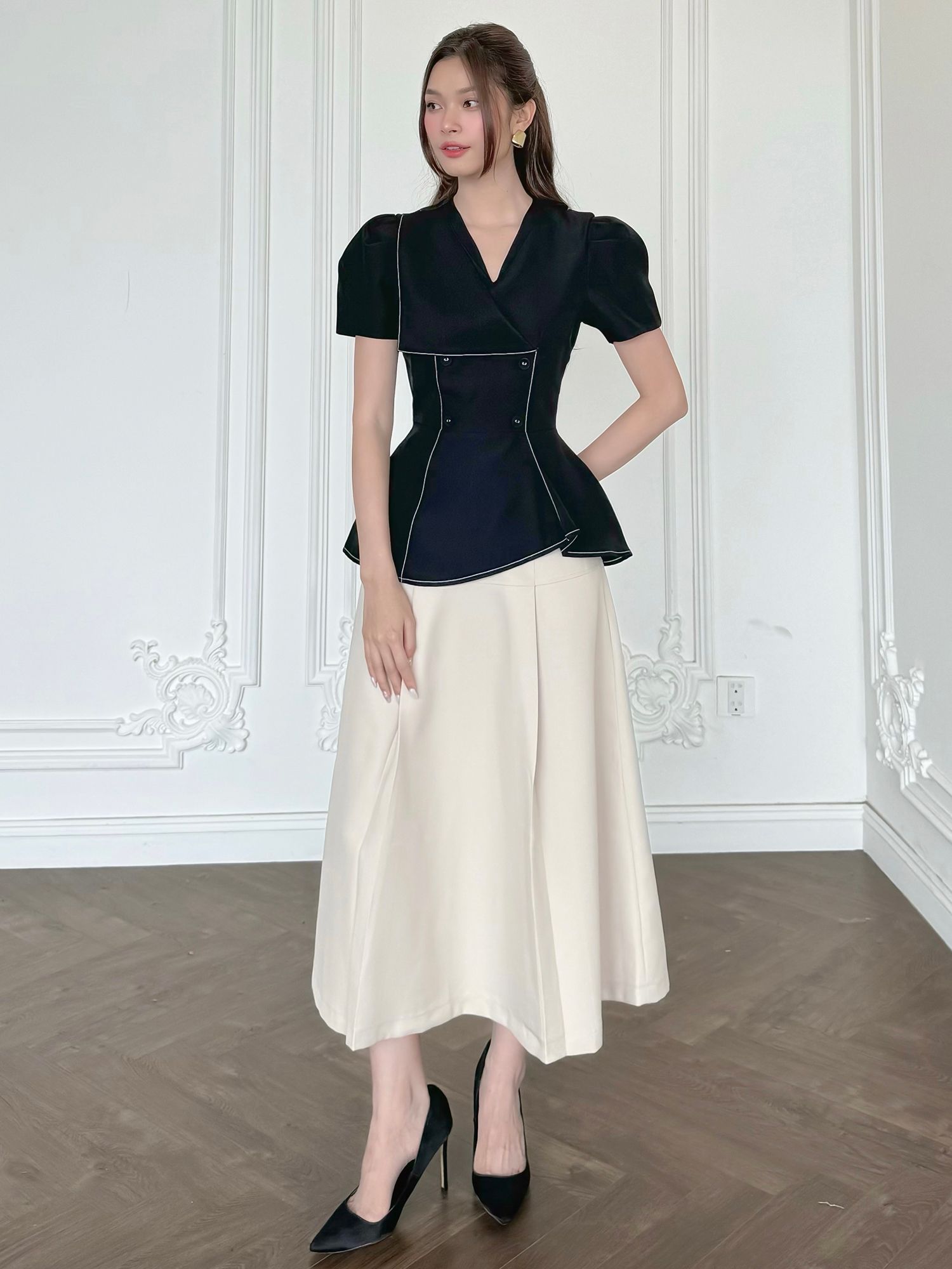 Áo dự tiệc form peplum lá cổ kiểu chất cotton-A3815T