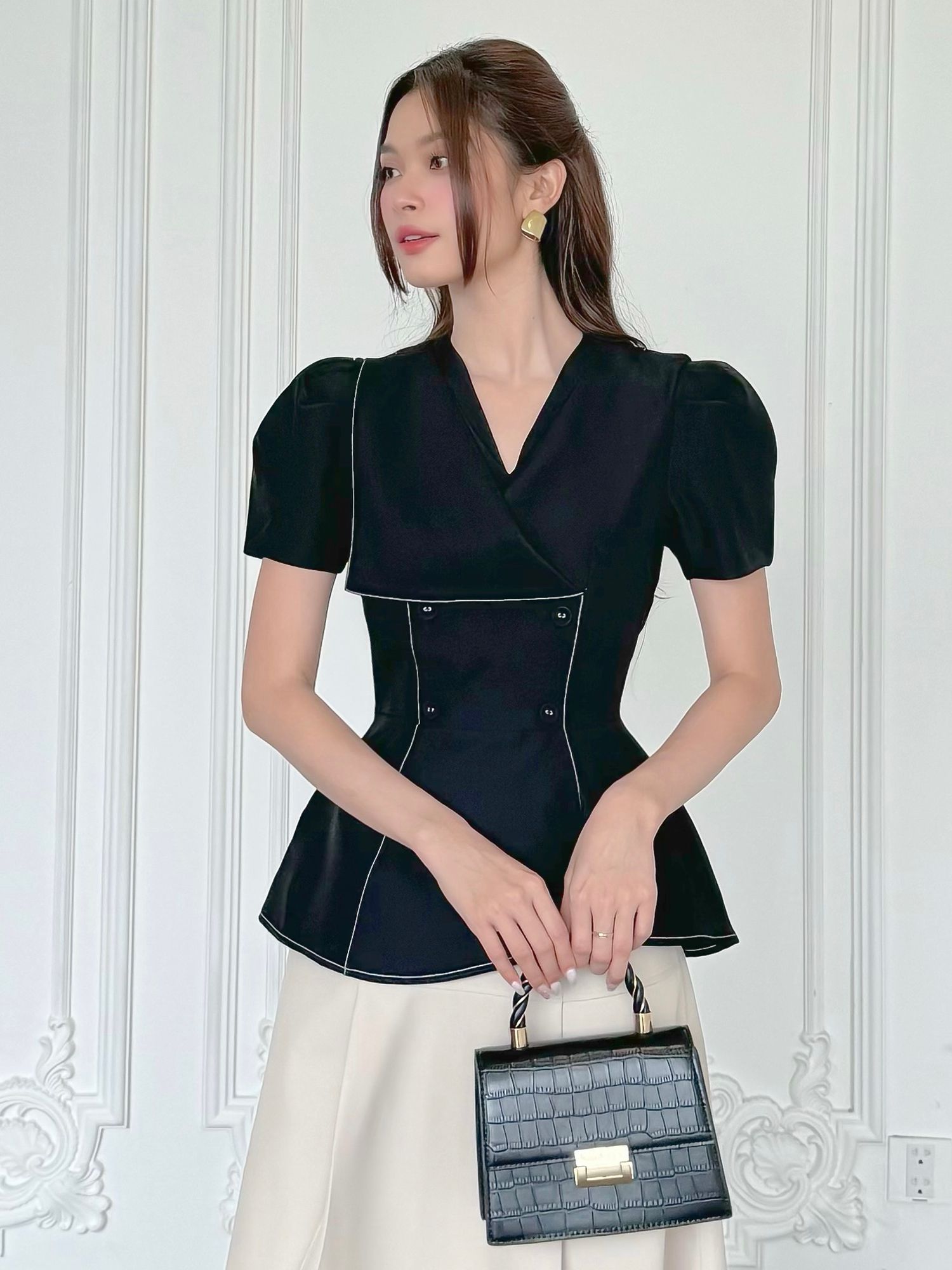 Áo dự tiệc form peplum lá cổ kiểu chất cotton-A3815T