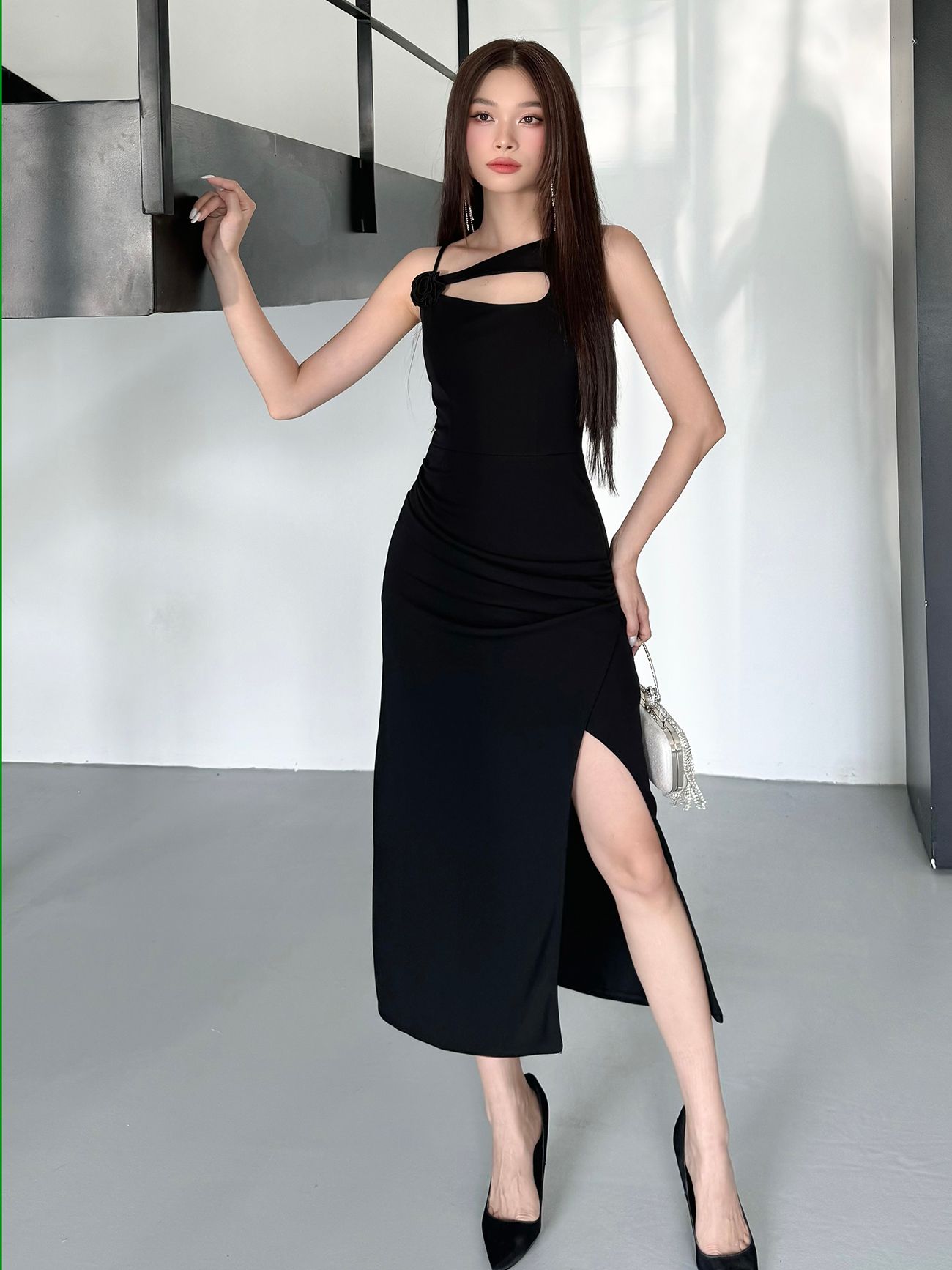 Đầm body dài dự tiệc kết hoa vải - D3597