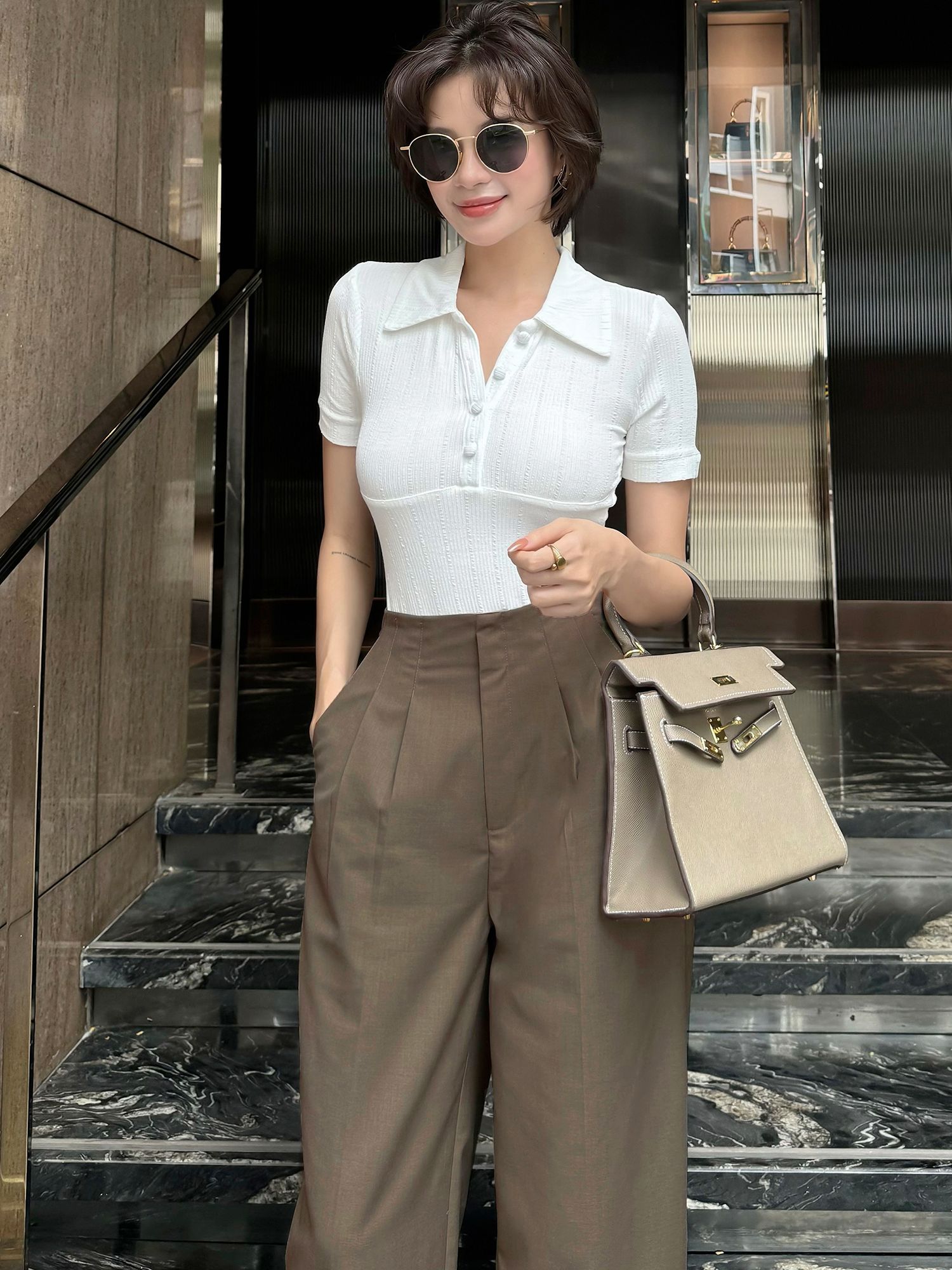 Quần công sở suông dài không lưng xếp ly viền chất kaki lạnh-Q3871H
