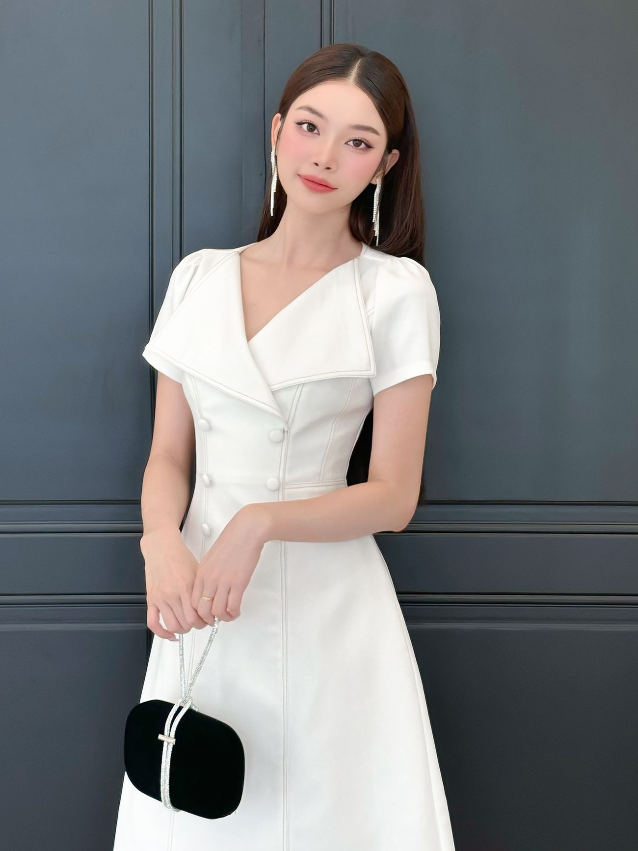 Đầm xòe dáng dài nút bọc viền chỉ nổi -D3742