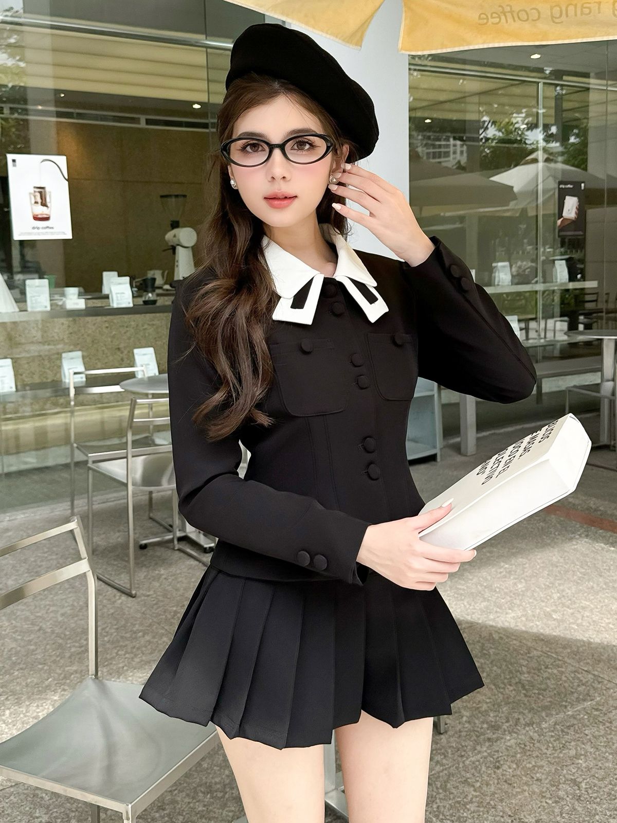Áo kiểu cổ sơ mi phối trắng tay dài nút bọc form thắt eo chất cotton chéo - A4100B