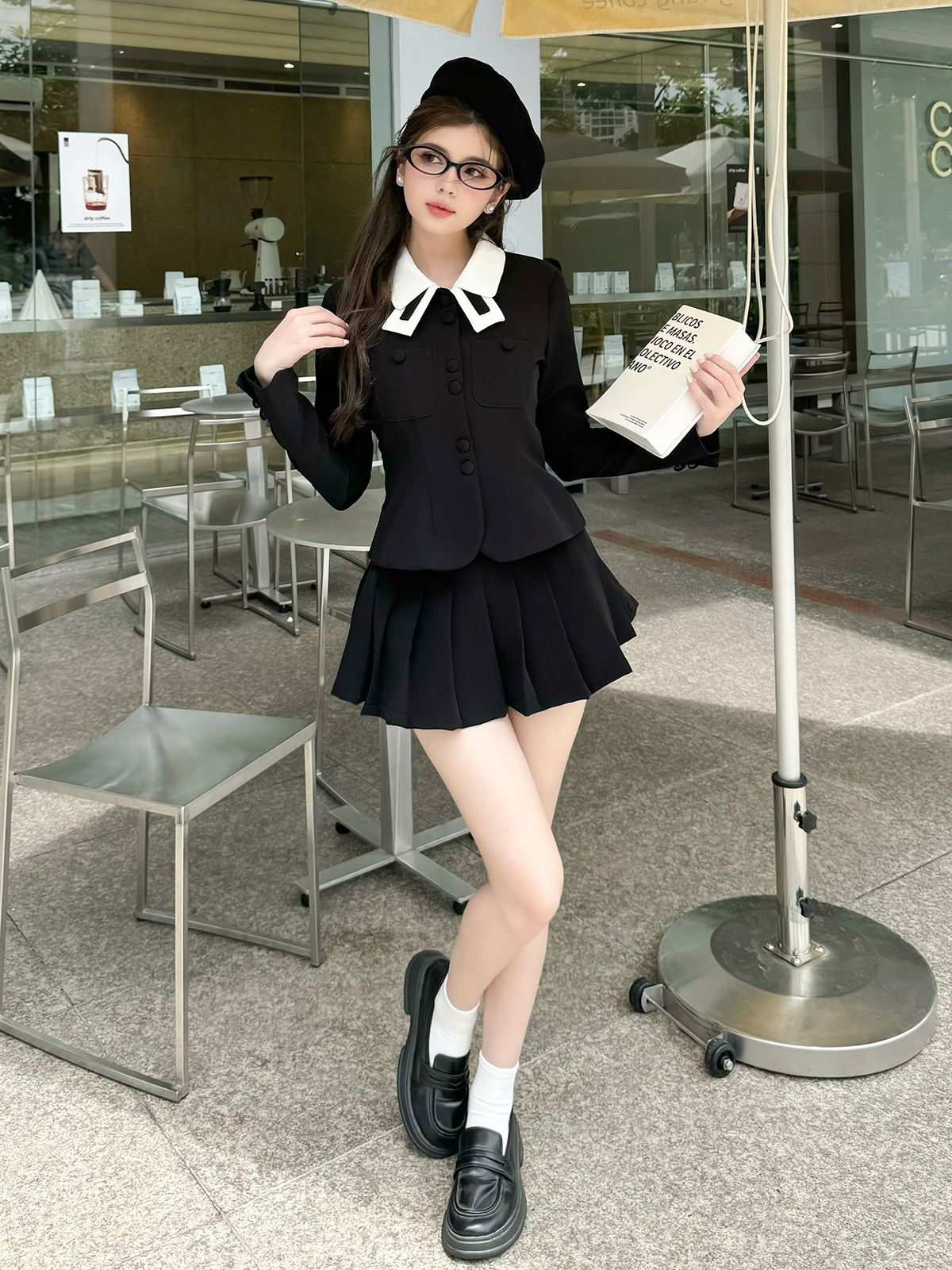Áo kiểu cổ sơ mi phối trắng tay dài nút bọc form thắt eo chất cotton chéo - A4100B