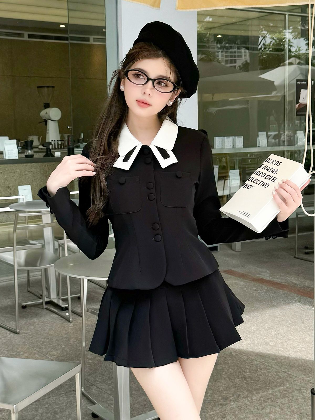 Áo kiểu cổ sơ mi phối trắng tay dài nút bọc form thắt eo chất cotton chéo - A4100B