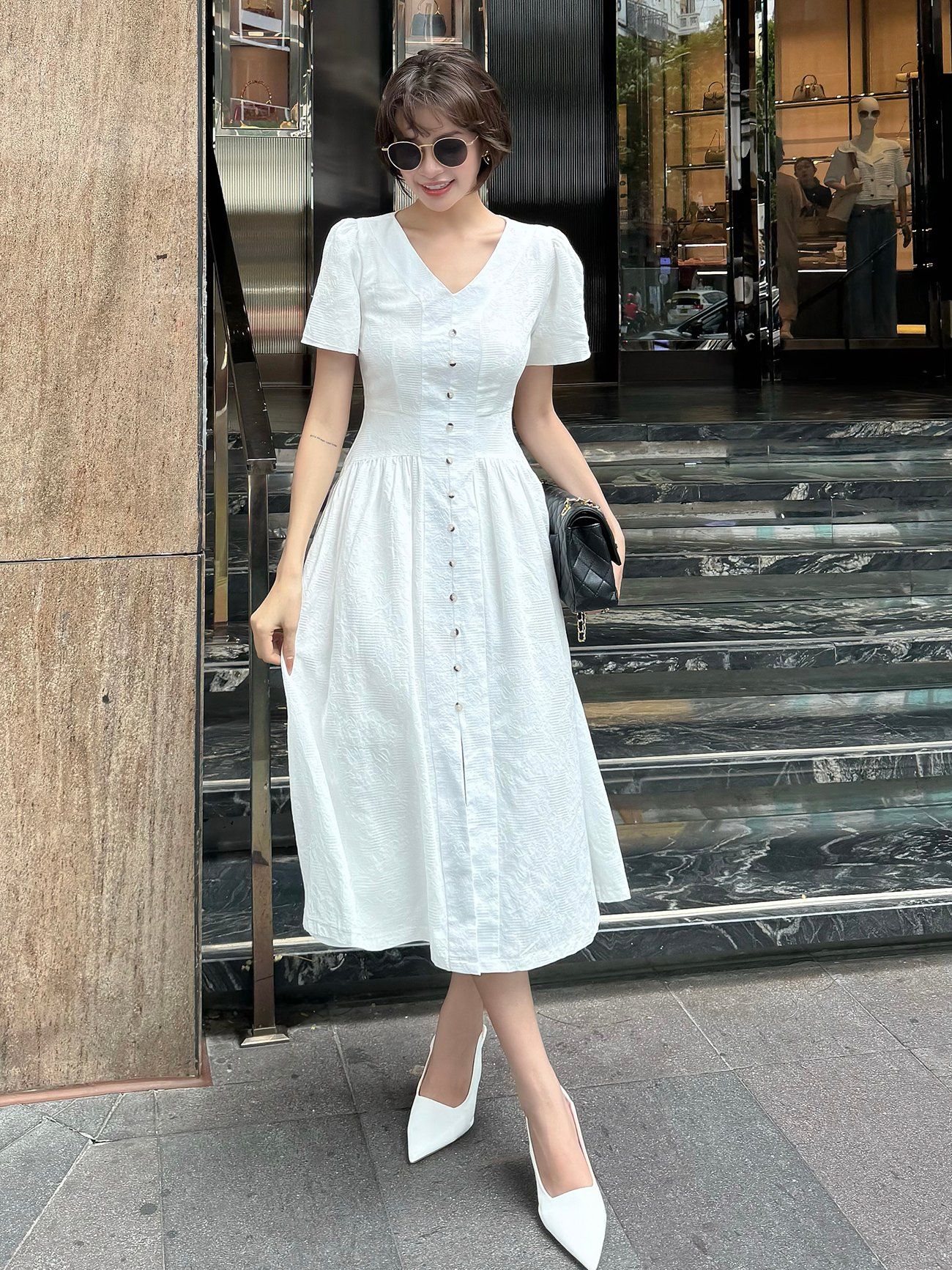 Đầm dài xòe cổ V chất cotton vân hoa-D3847B