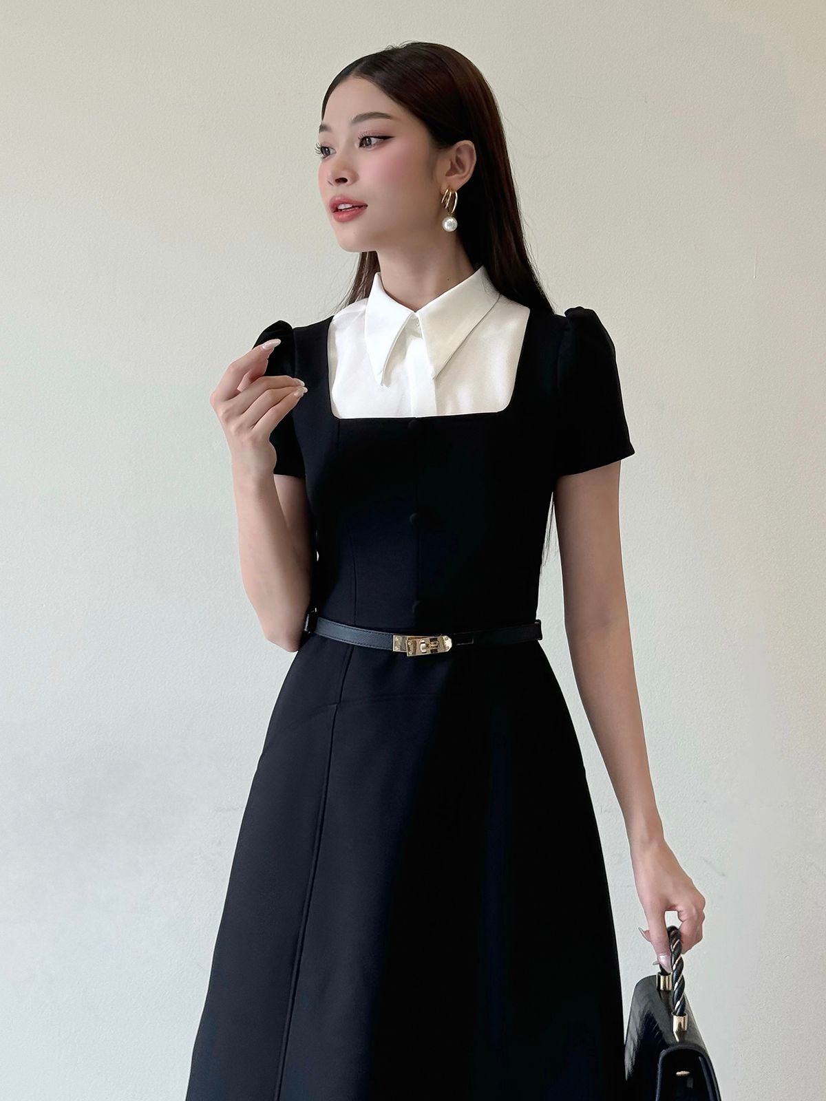 Đầm xòe cổ vuông phối cổ trắng - D3787B