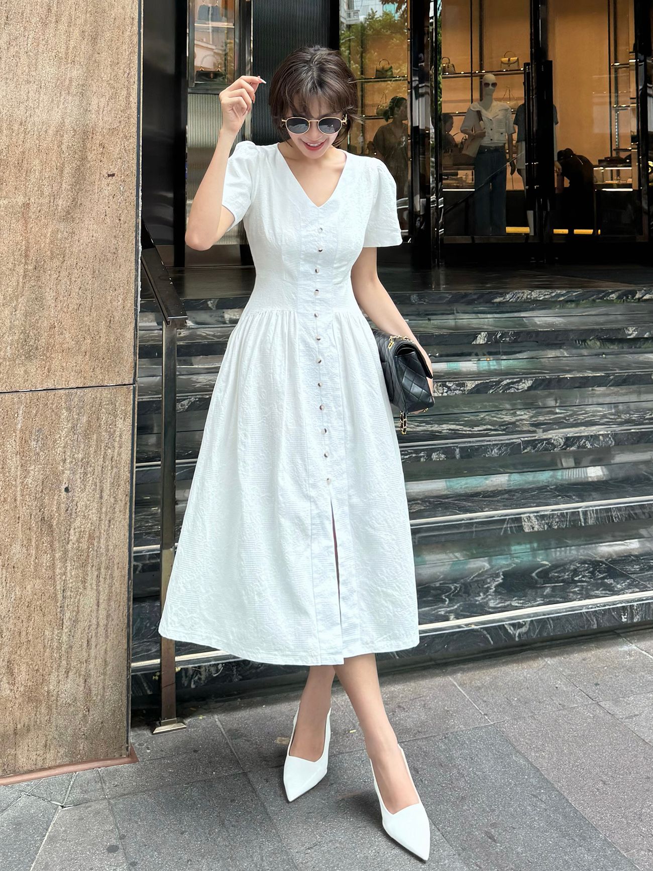 Đầm dài xòe cổ V chất cotton vân hoa-D3847B