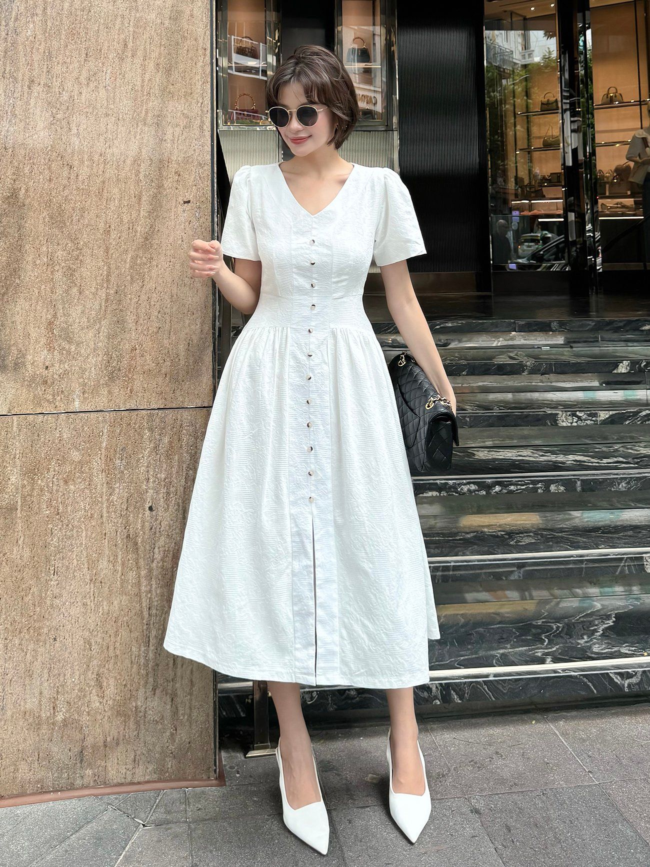 Đầm dài xòe cổ V chất cotton vân hoa-D3847B
