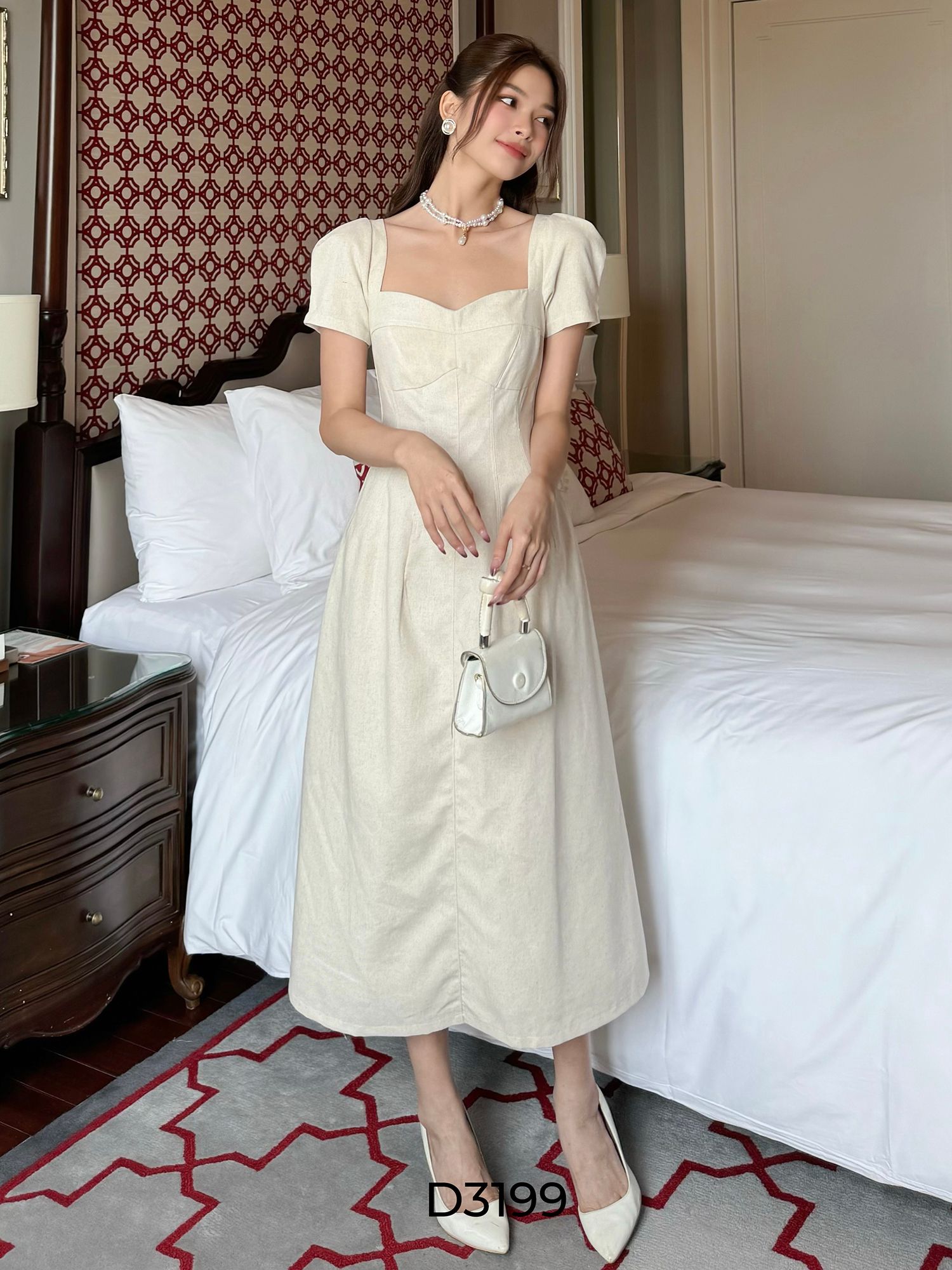 Đầm tiệc dài tay phồng viền nổi - D3199