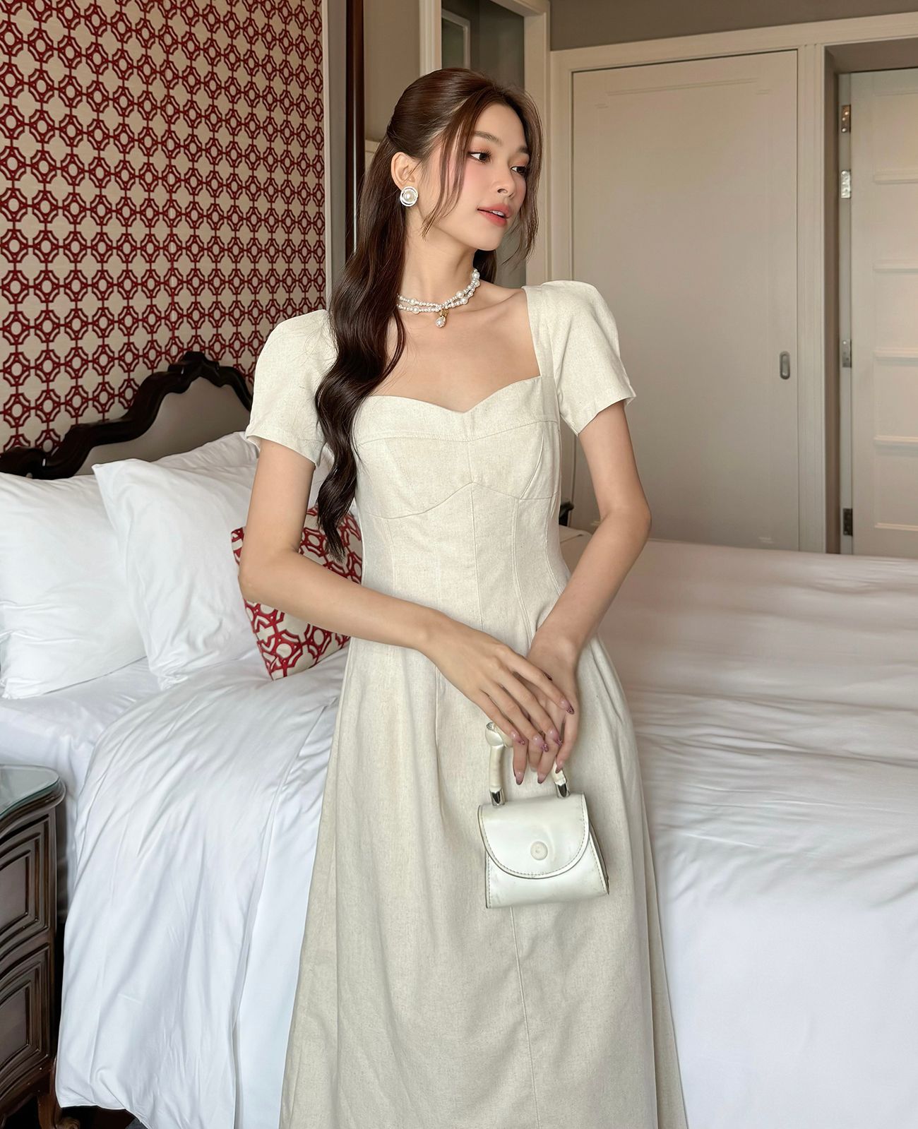 Đầm tiệc dài tay phồng viền nổi - D3199