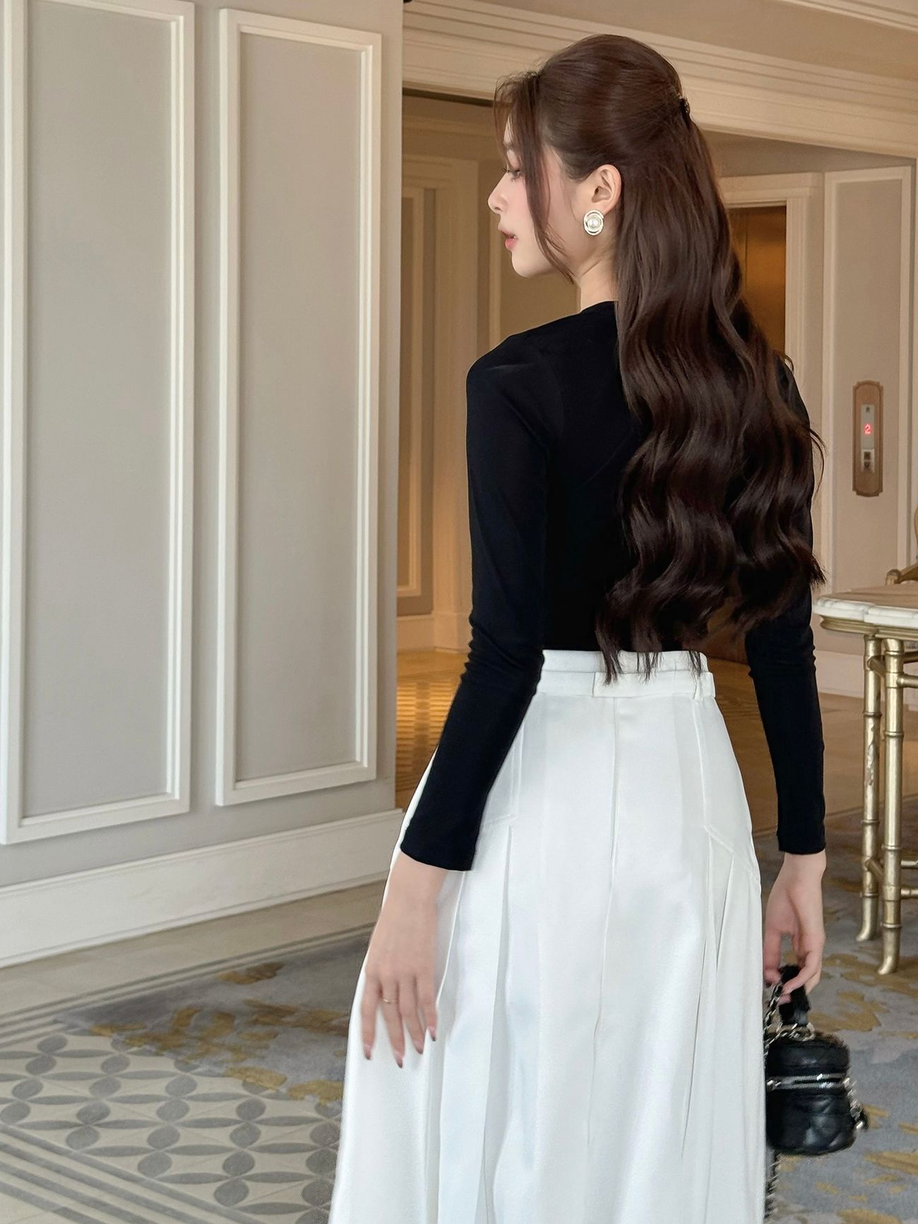 Chân váy dài xếp ly kèm belt nơ - V2371