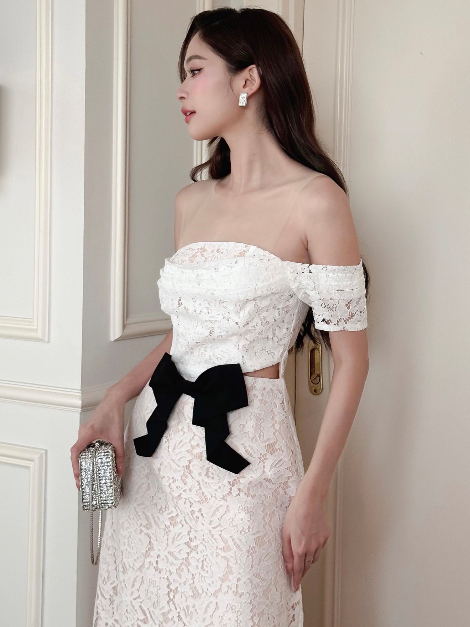 Đầm dài trễ vai ren hoa cotton - D3947B