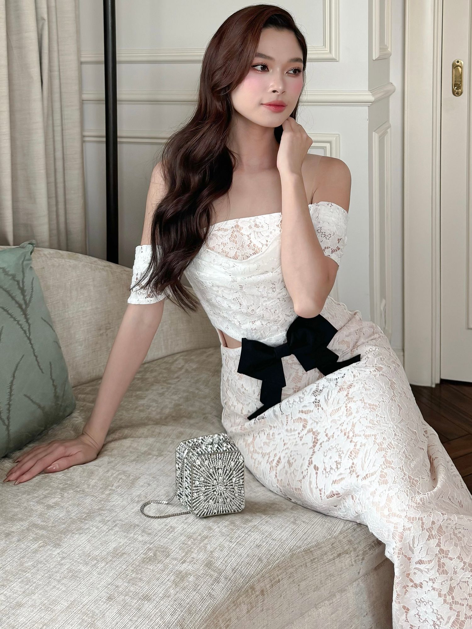 Đầm dài trễ vai ren hoa cotton - D3947B