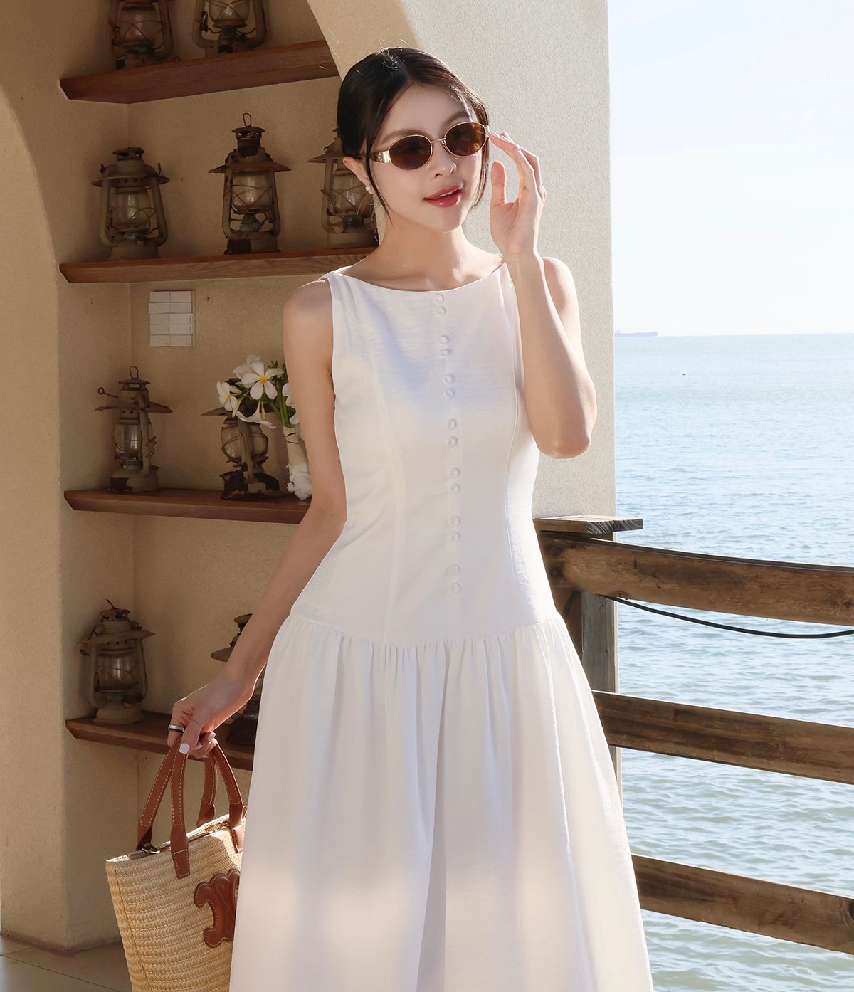 Đầm dài cổ thuyền kết nút kiểu - D4365T