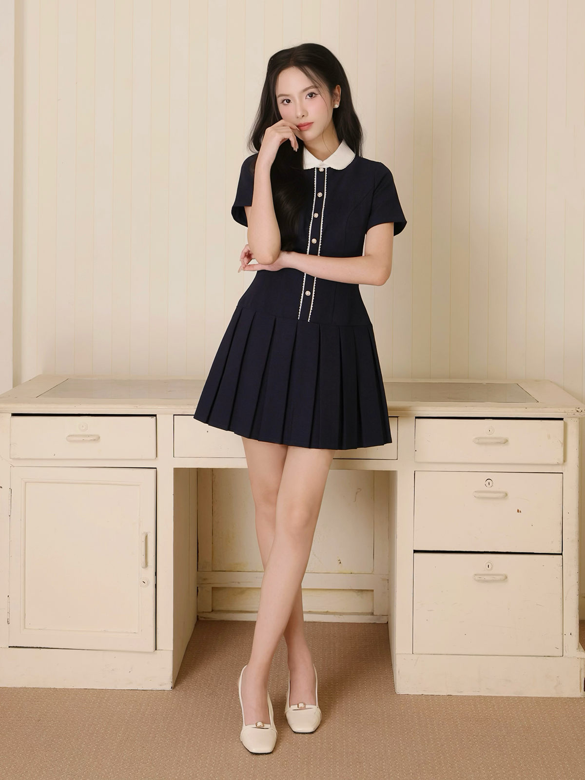 Đầm dạo phố ngắn cotton xếp ly D4351A