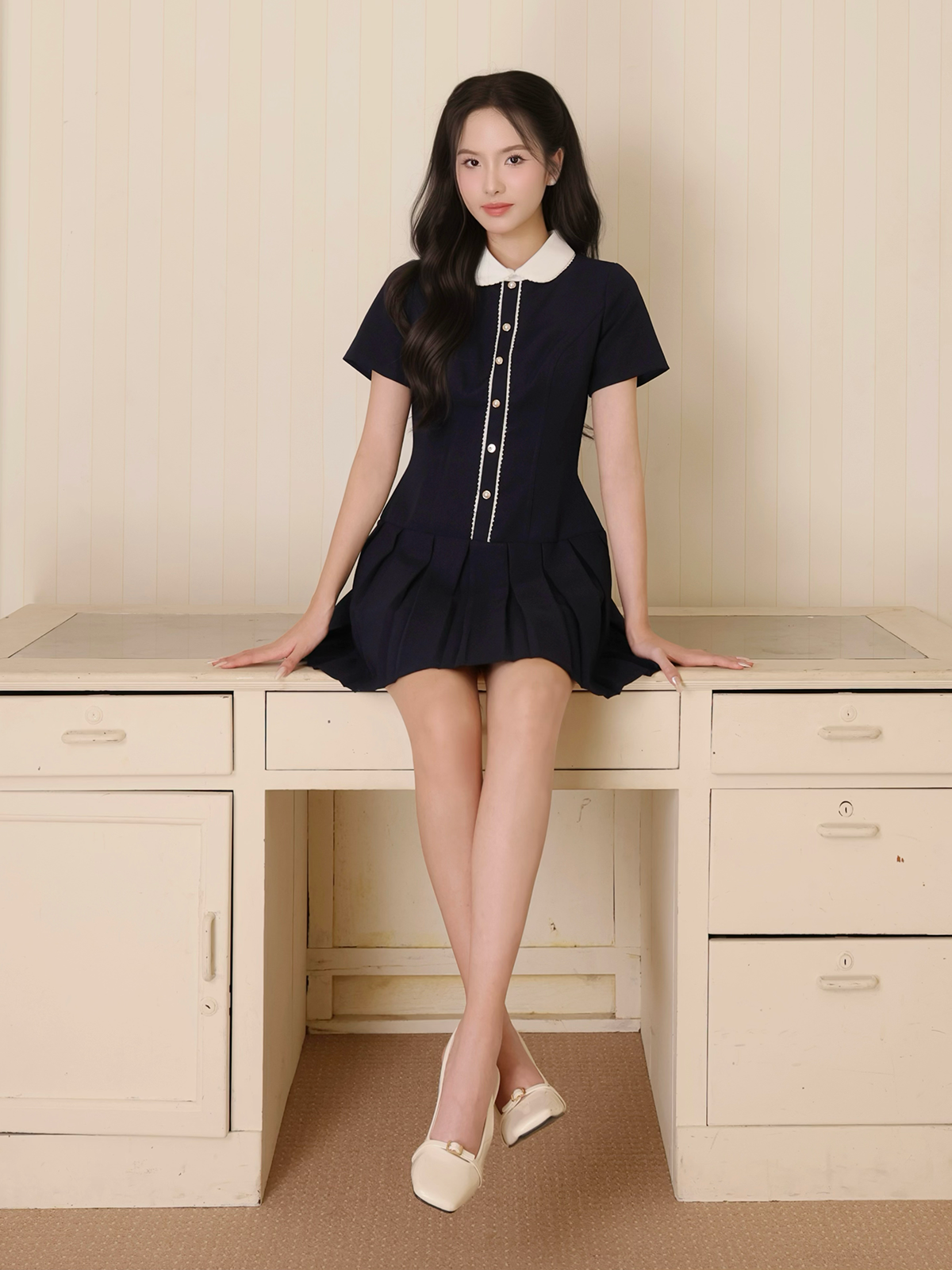 Đầm dạo phố ngắn cotton xếp ly D4351A