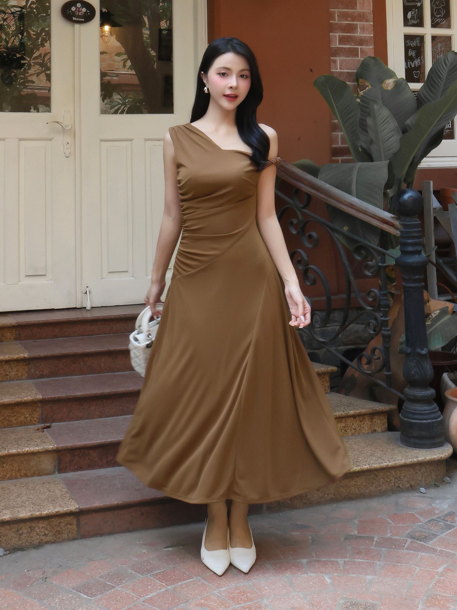 Đầm thun xòe dạo phố dài lệch vai D4402B