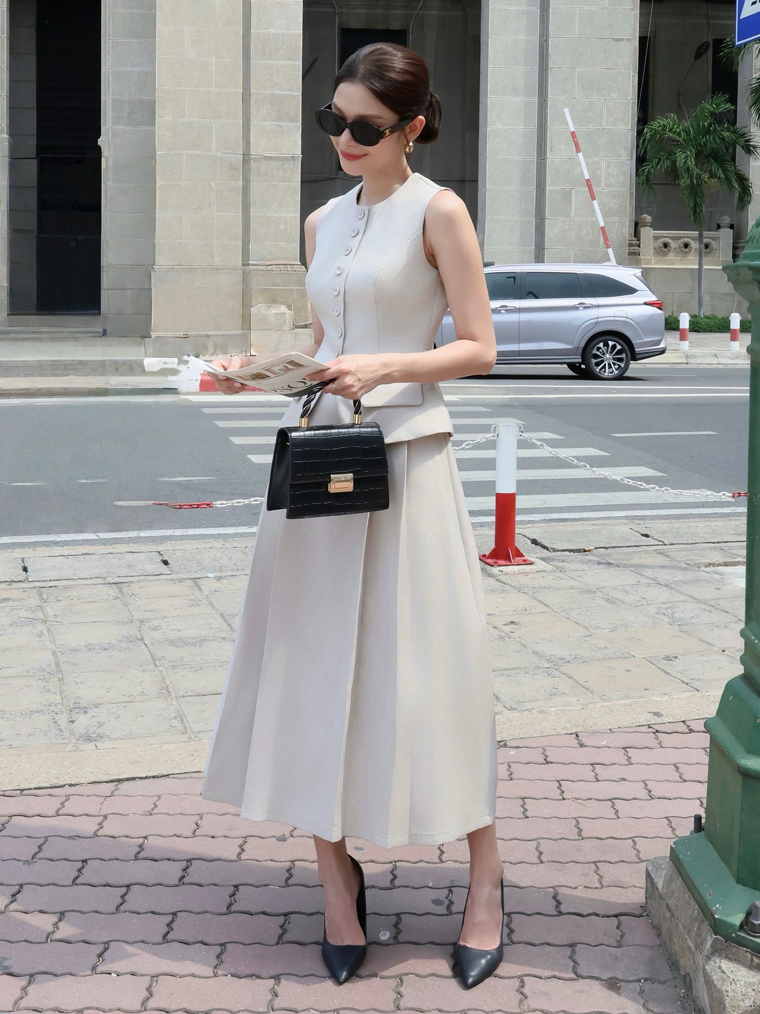 Áo gile công sở nút bọc cotton A4398A