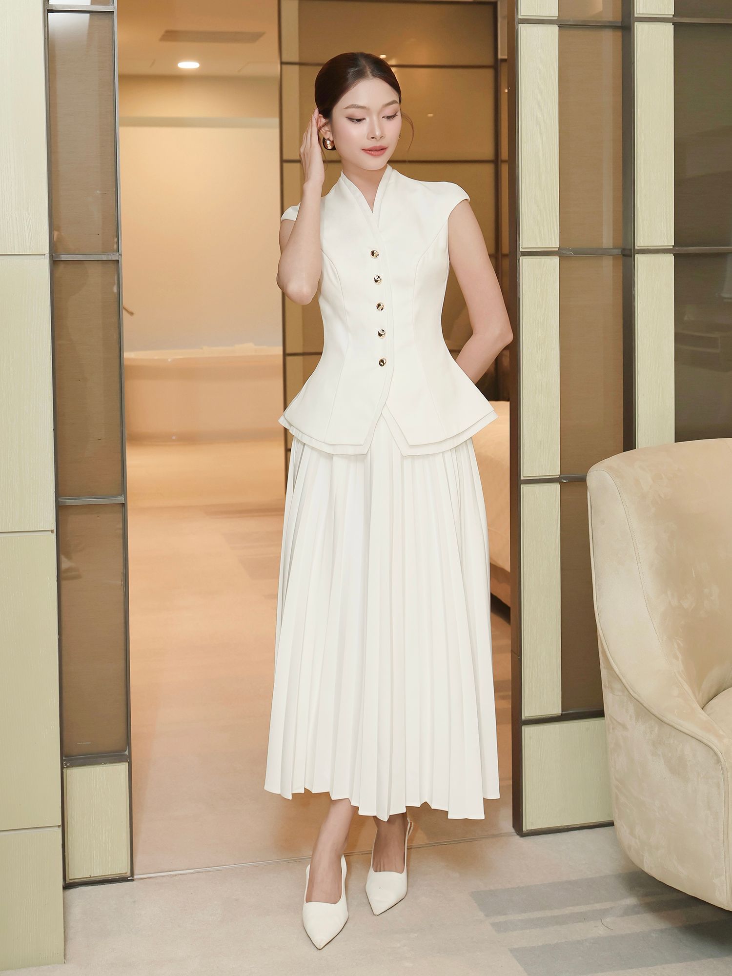 Áo kiểu tiệc peplum kết nút kiểu A4425B