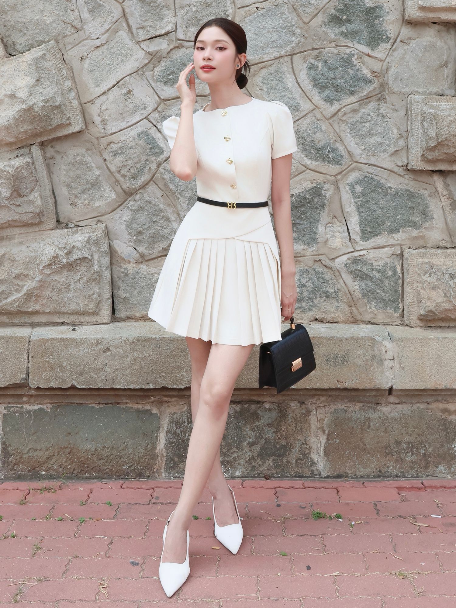 Đầm xòe A công sở ngắn xếp ly D4396A