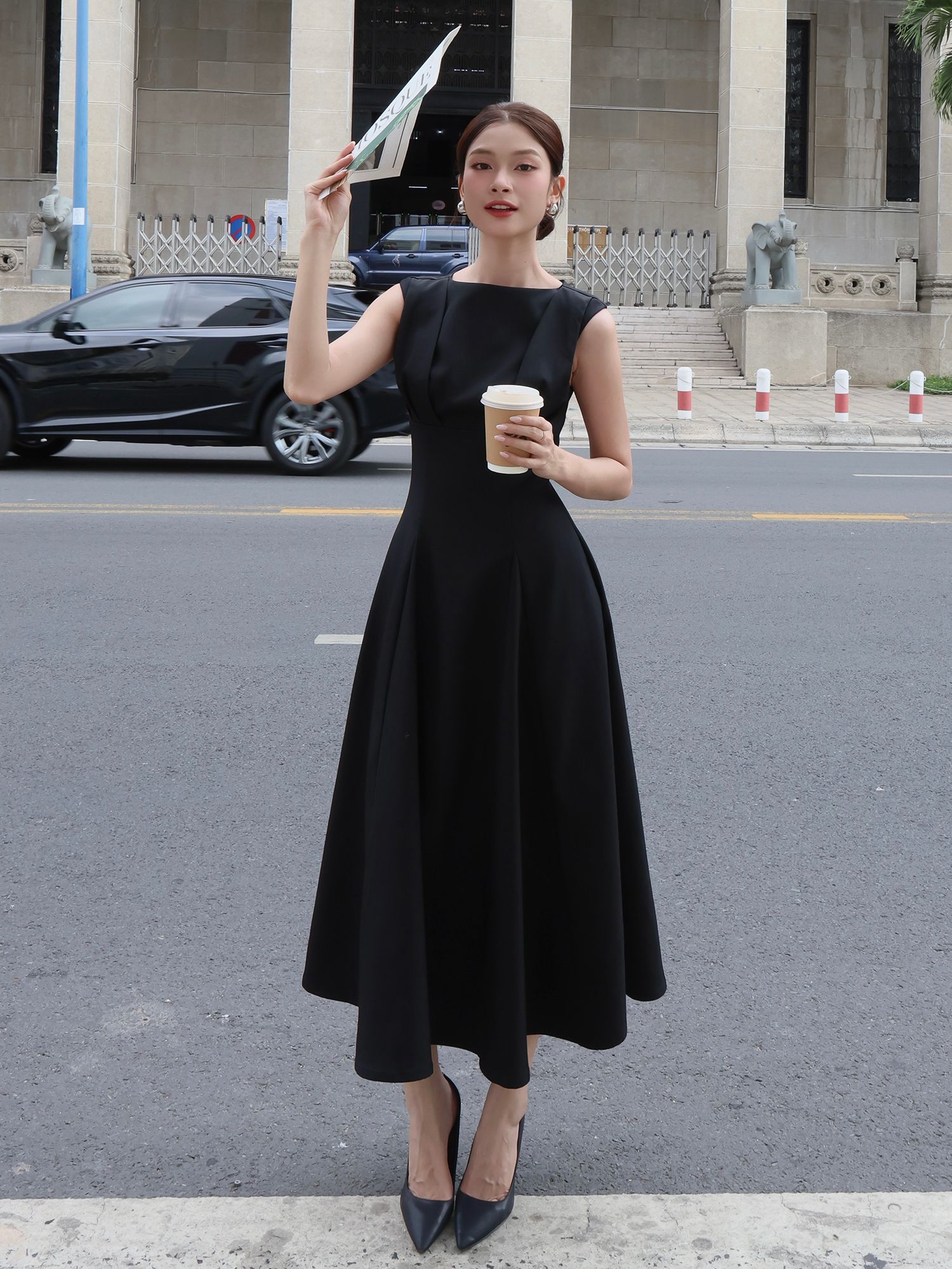 Đầm xòe công sở dài không tay D4391B