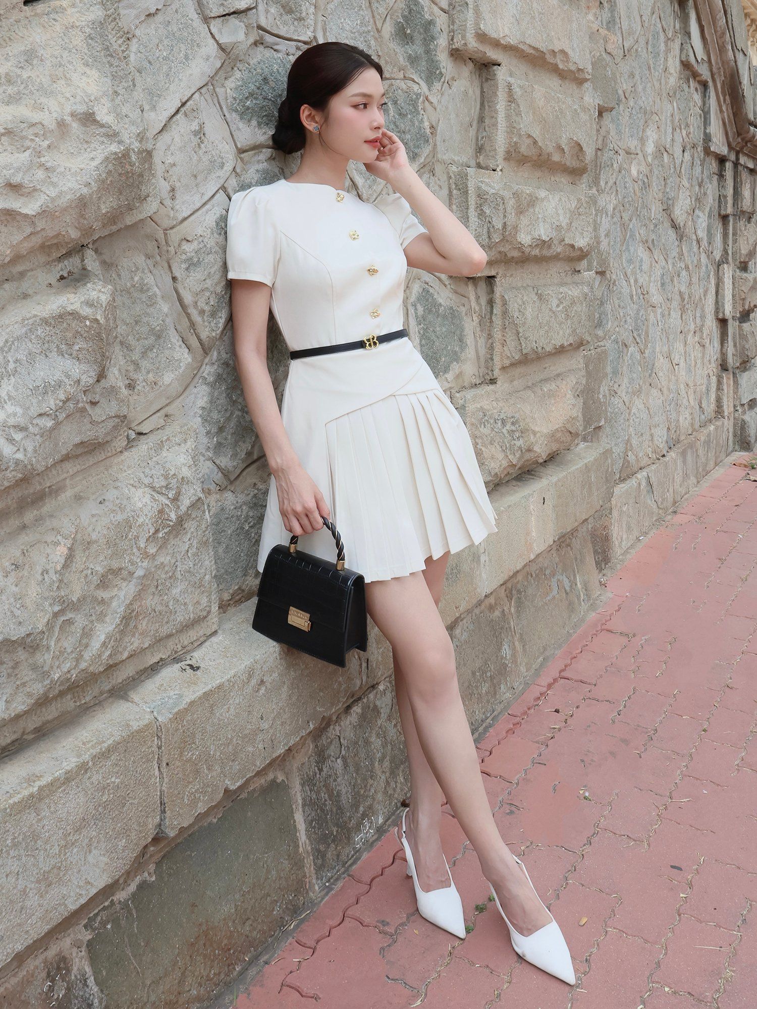 Đầm xòe A công sở ngắn xếp ly D4396A