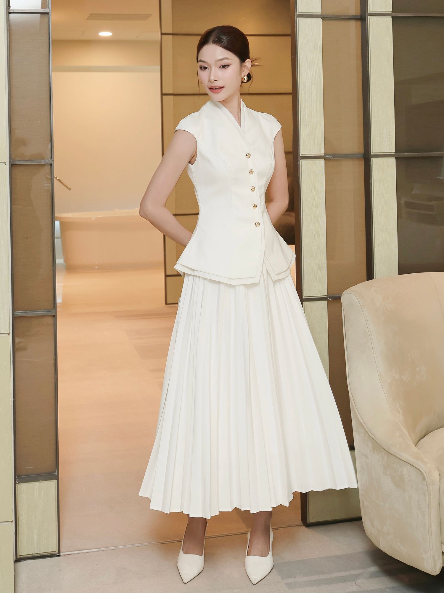 Áo kiểu tiệc peplum kết nút kiểu A4425B
