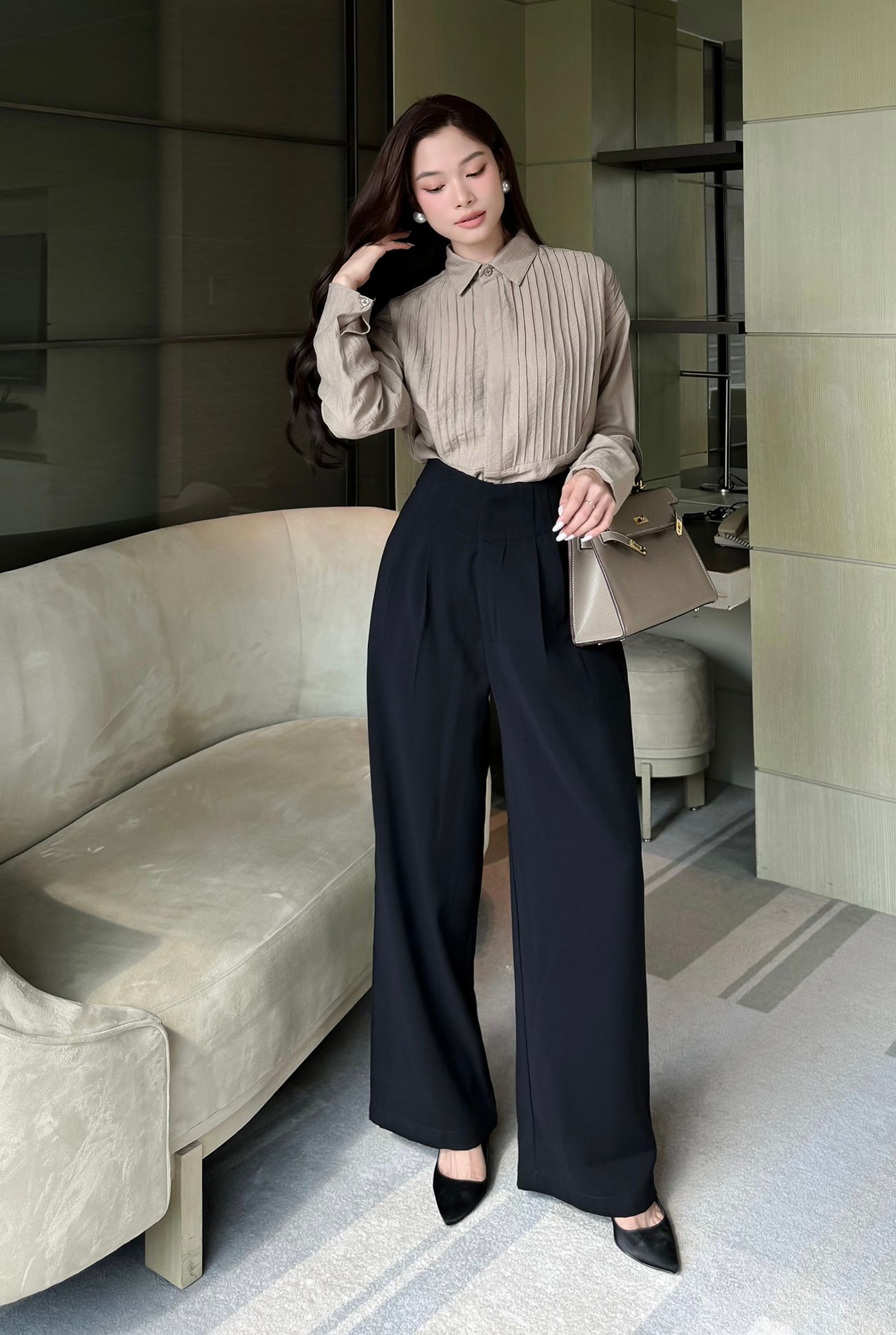 Áo sơ mi tay dài xếp ly - A3576