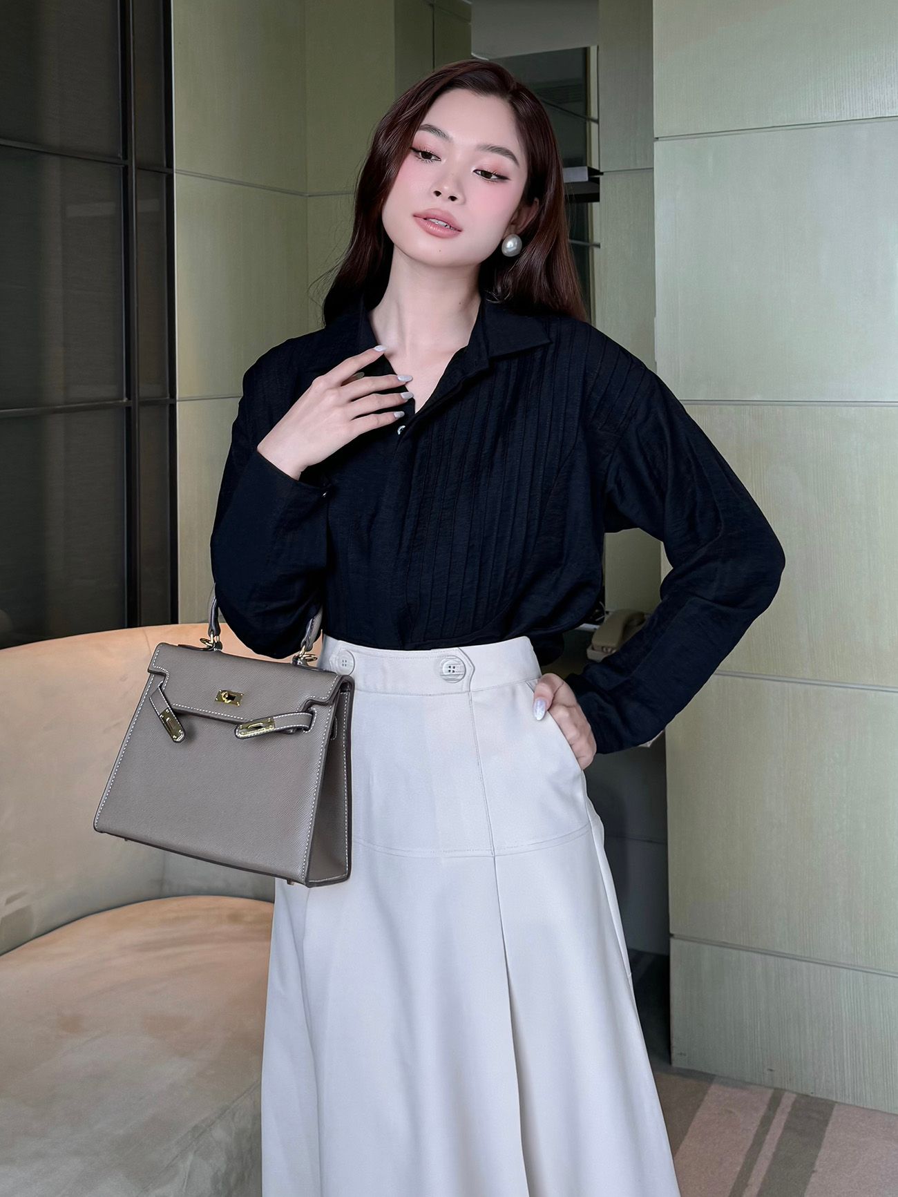 Áo sơ mi tay dài xếp ly - A3576