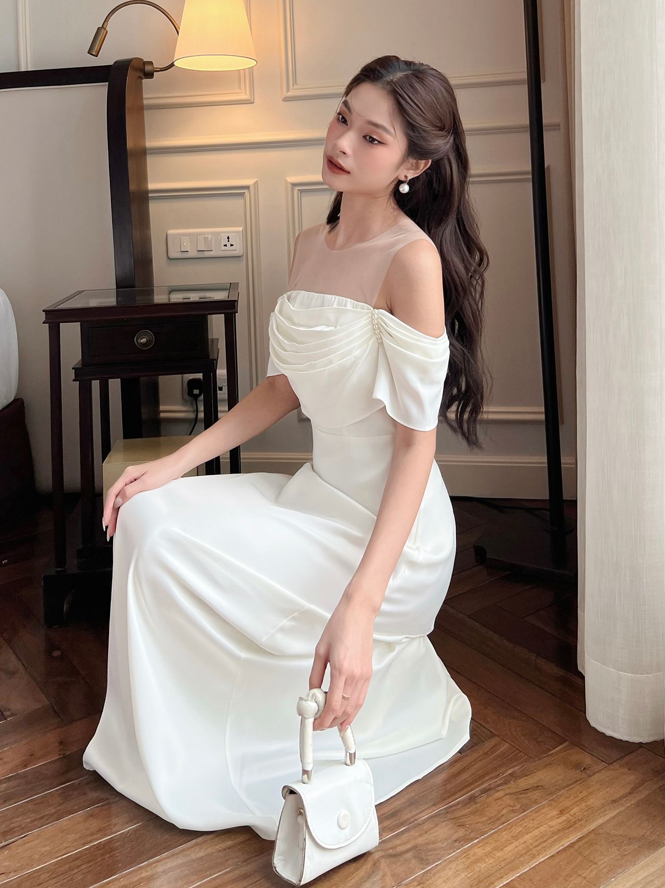 Đầm dự tiệc trễ vai form dài - D746