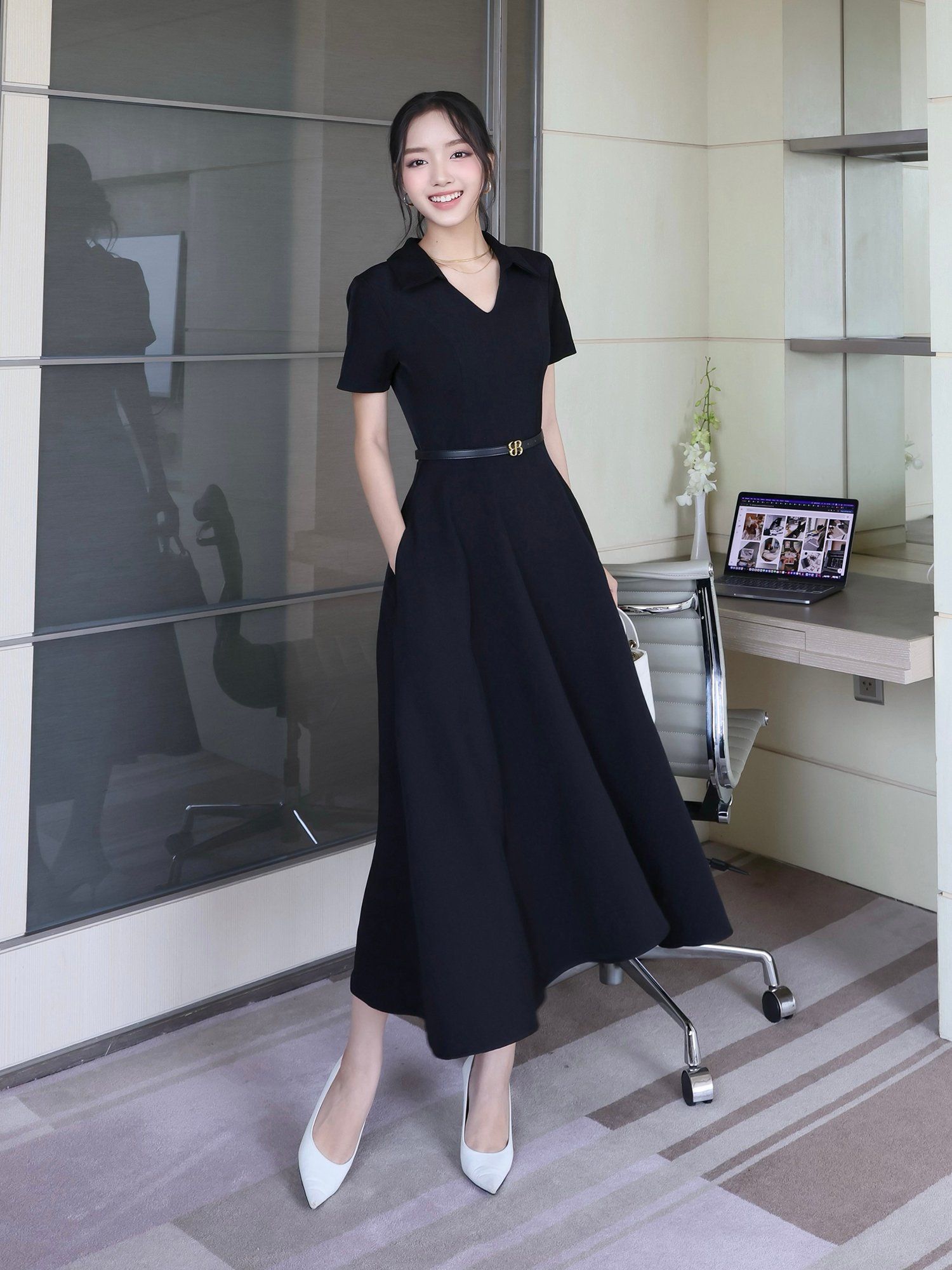 Đầm công sở chữ A phối cổ sơ mi - D4322B