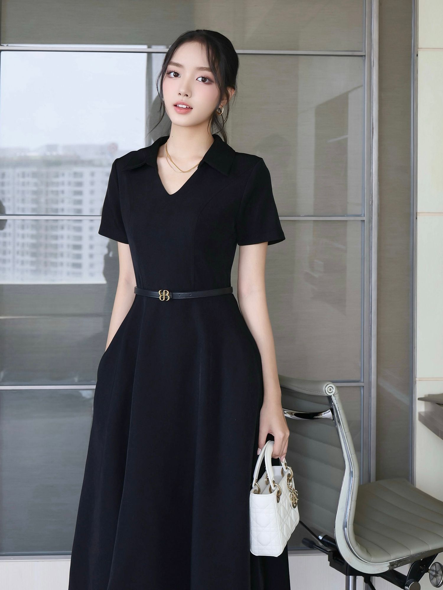 Đầm công sở chữ A phối cổ sơ mi - D4322B