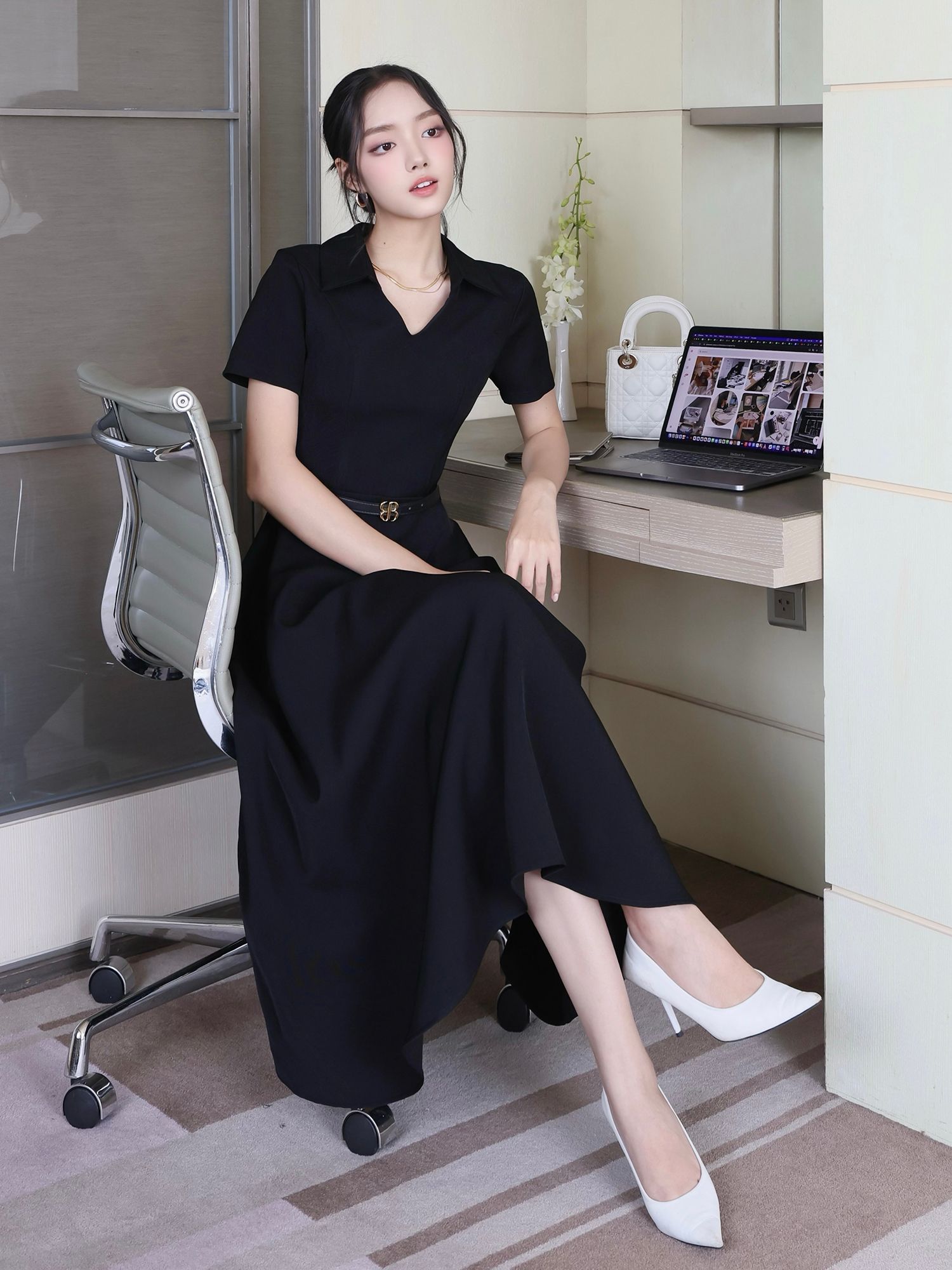 Đầm công sở chữ A phối cổ sơ mi - D4322B