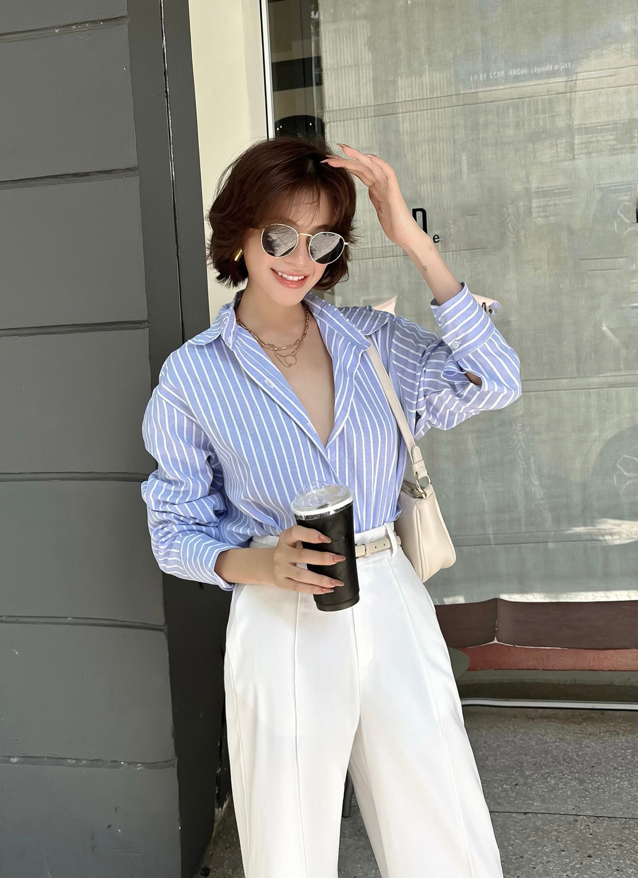 Áo sơ mi linen sọc xanh - A3280