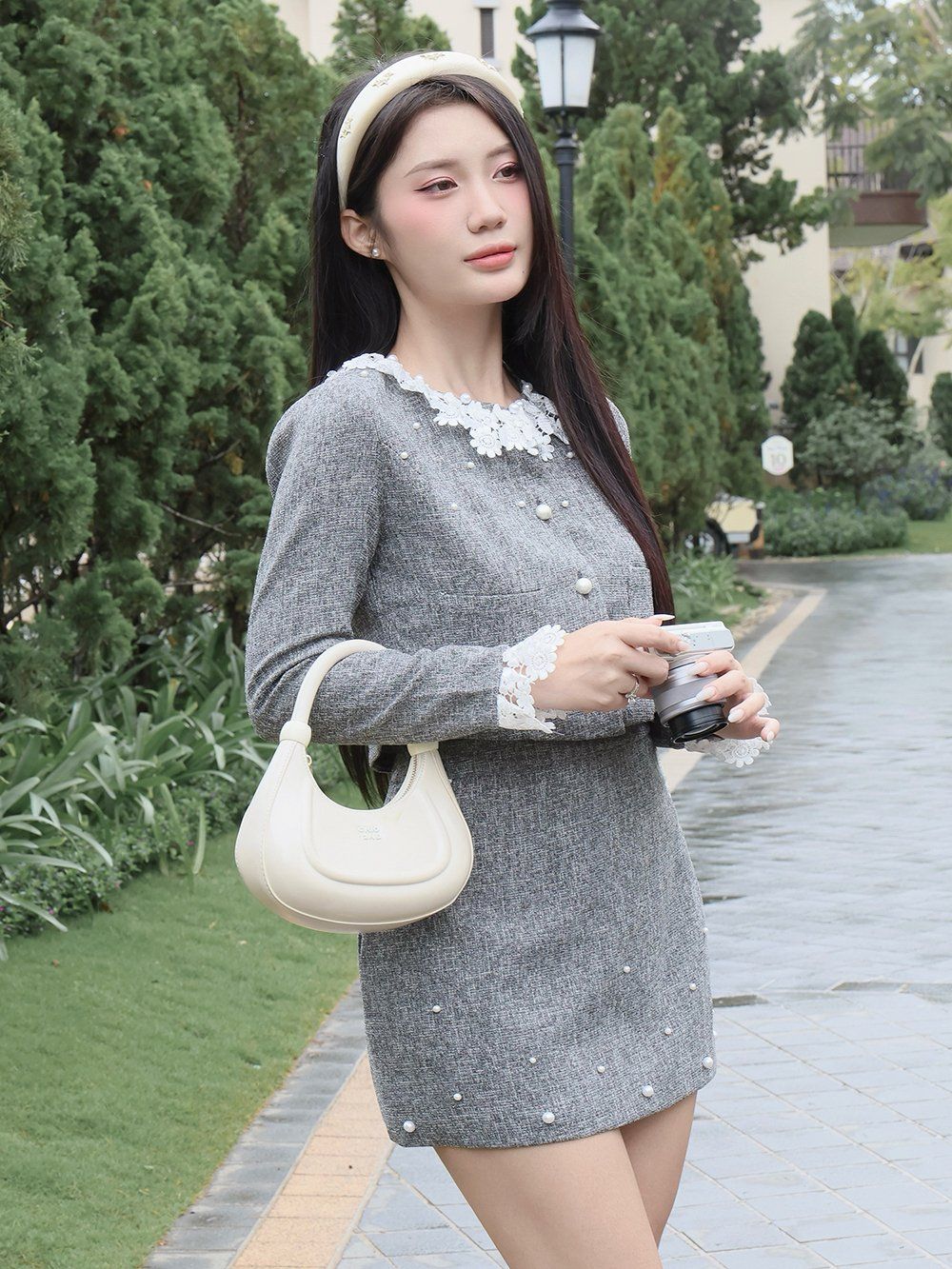 Set dự tiệc áo crop ngắn tay dài viền ren cổ chân váy A ngắn kết ngọc trai chất bố xước cao cấp-K4175T
