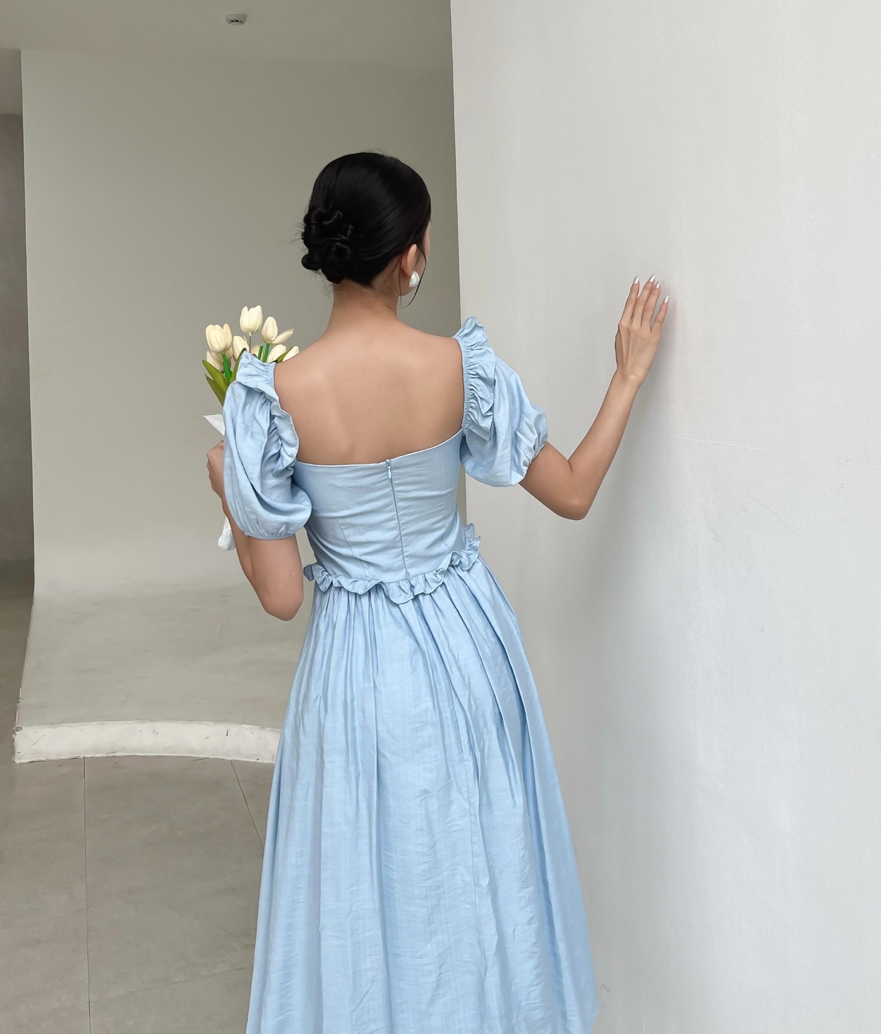 Đầm dài dự tiệc nhún thun chỉ - D1923