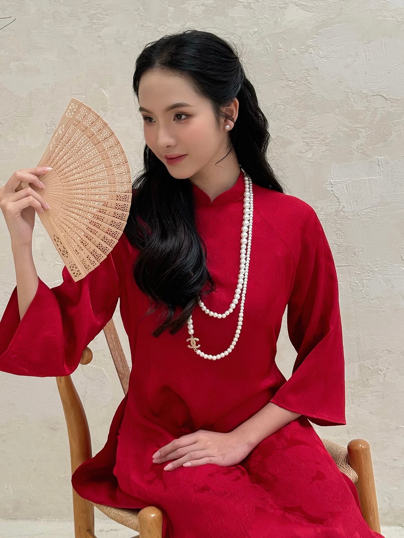 Set áo dài kèm quần form dáng cách tân tay lở cổ truyền thống gấm hoa cao cấp (tặng kèm băng đô)-K4186A