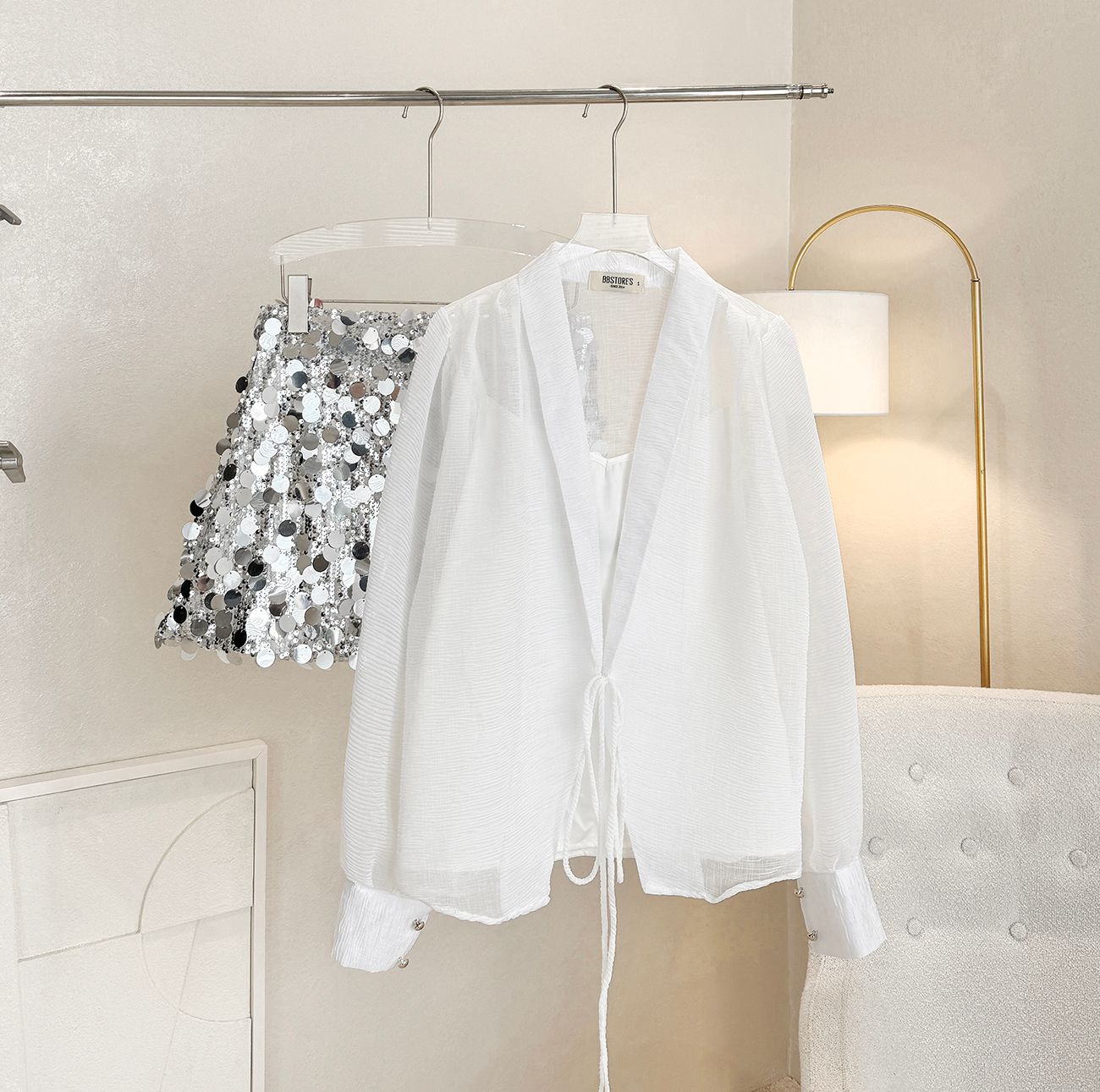 Set áo kiểu phối chân váy sequin - K2868