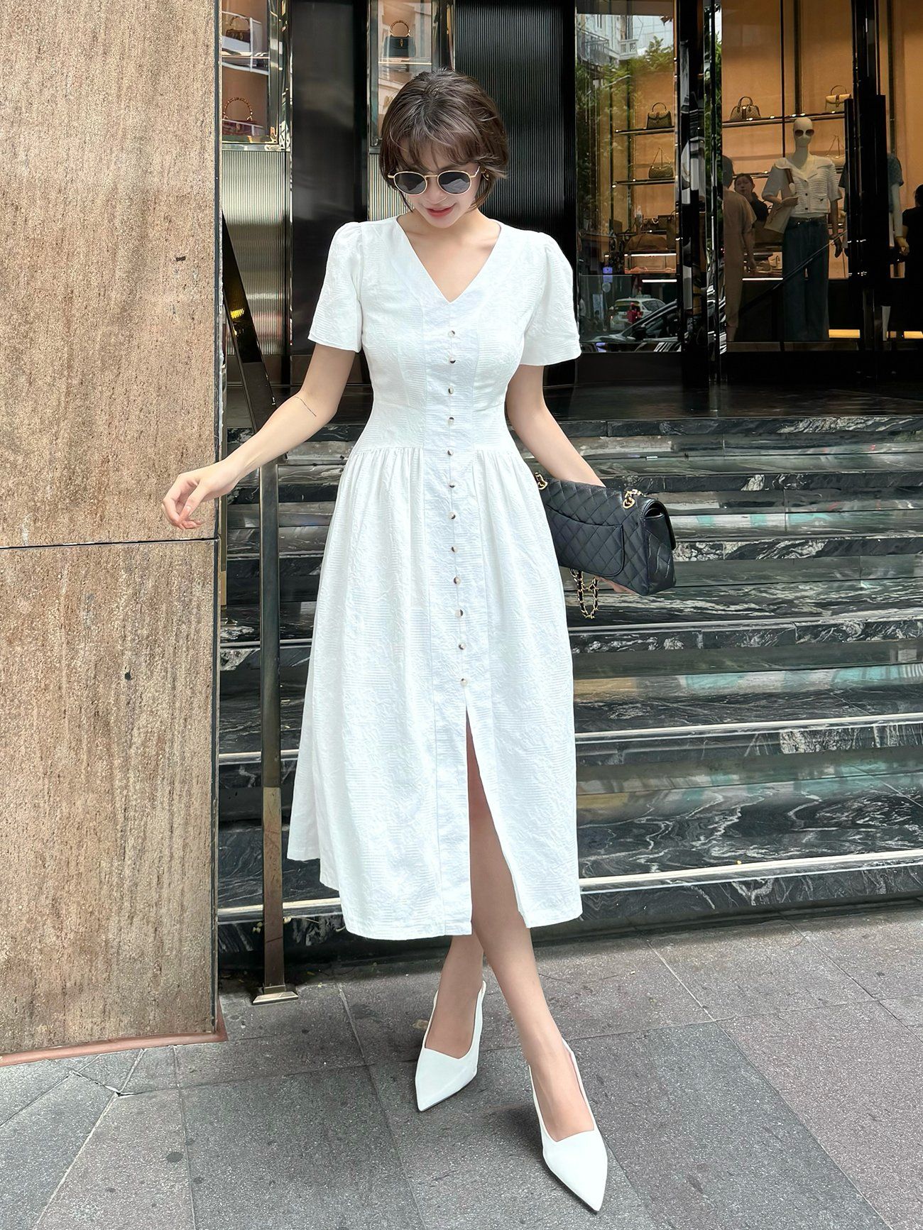 Đầm dài xòe cổ V chất cotton vân hoa-D3847B