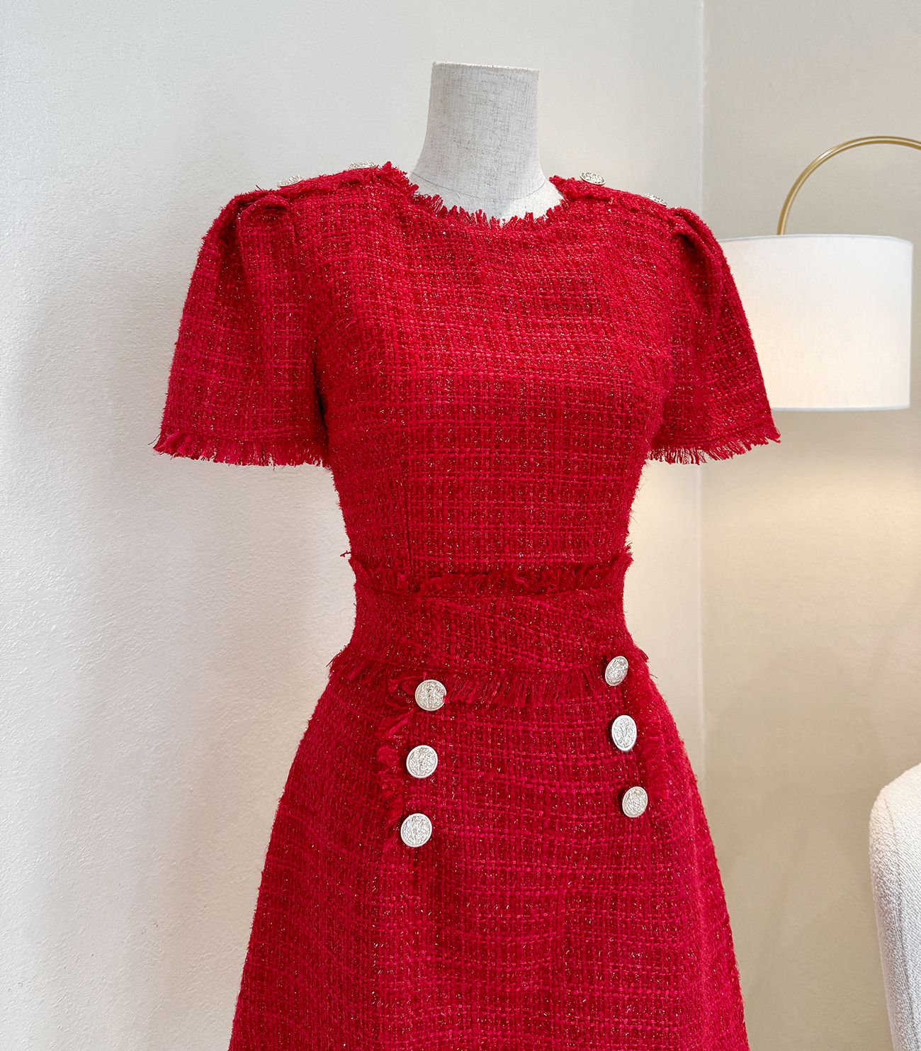 Đầm xòe bố tweed viền tua rua -D2841
